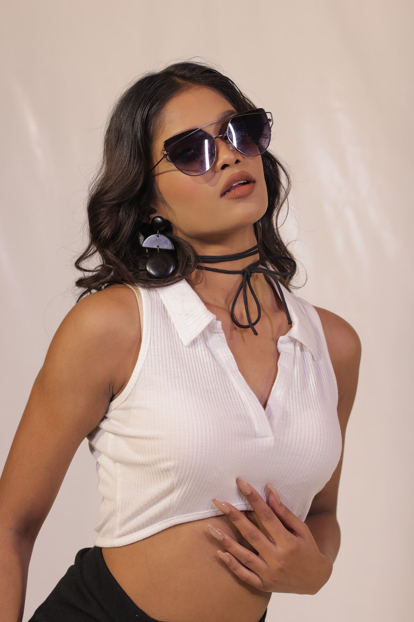 White Collared Rib Knit Crop Top