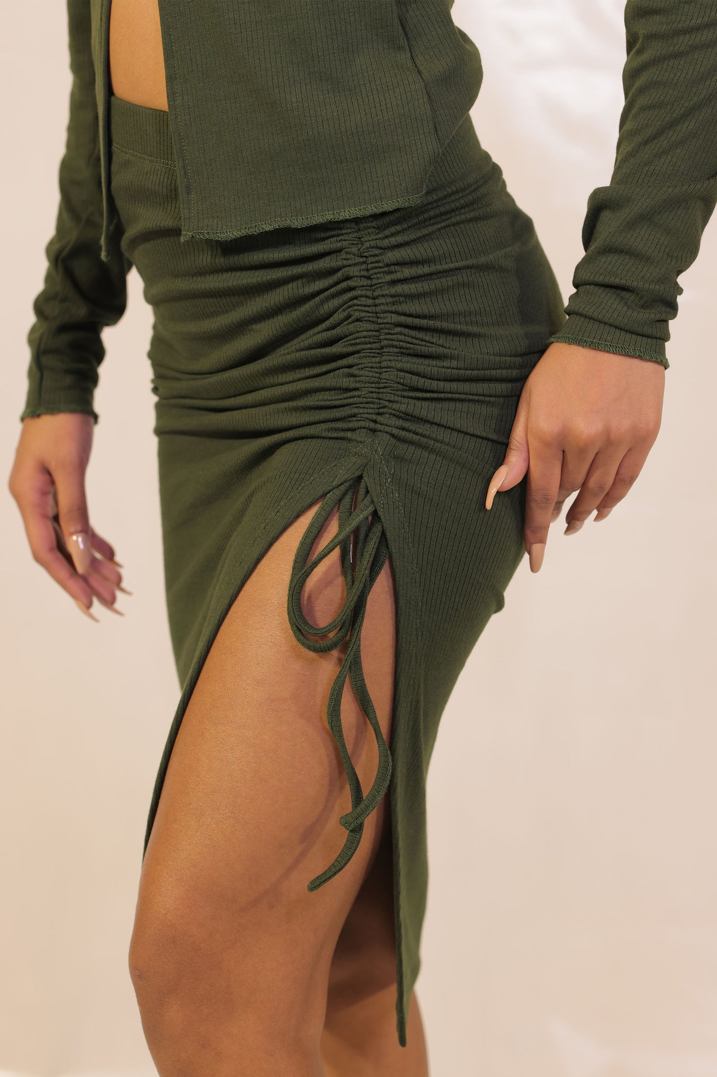 Forest Green Rib Knit Ruched Pencil Skirt With Slit