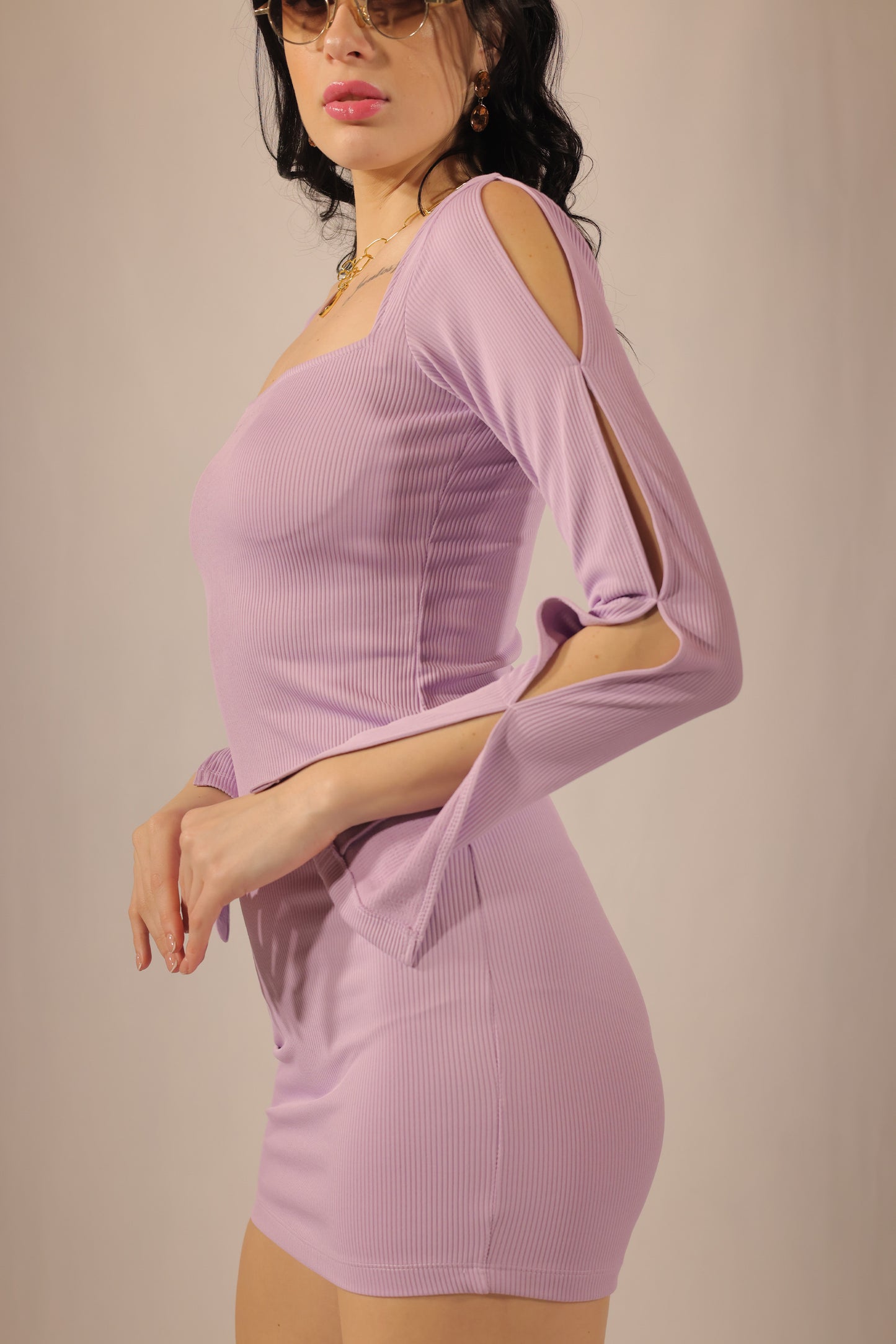 Lavender Rib Knit Cutout Sleeve Dress