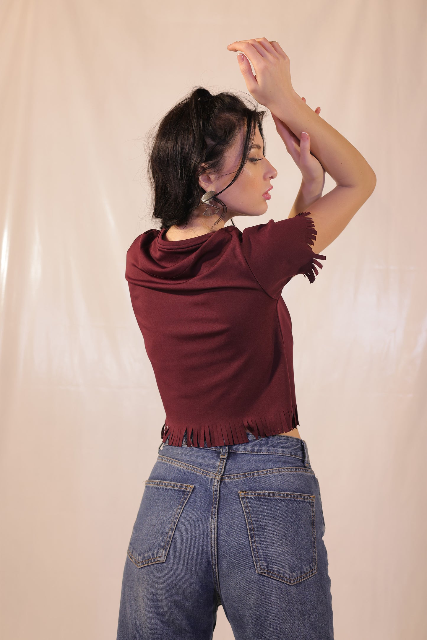 Auburn Lycra Crop Top With Tassels