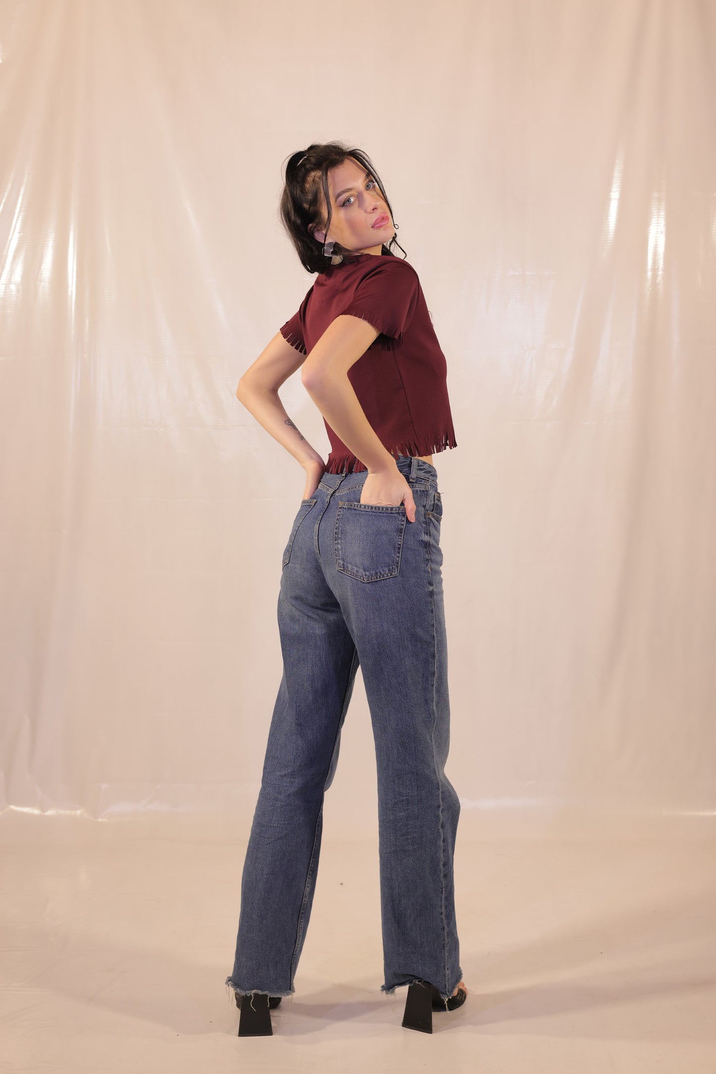 Auburn Lycra Crop Top With Tassels