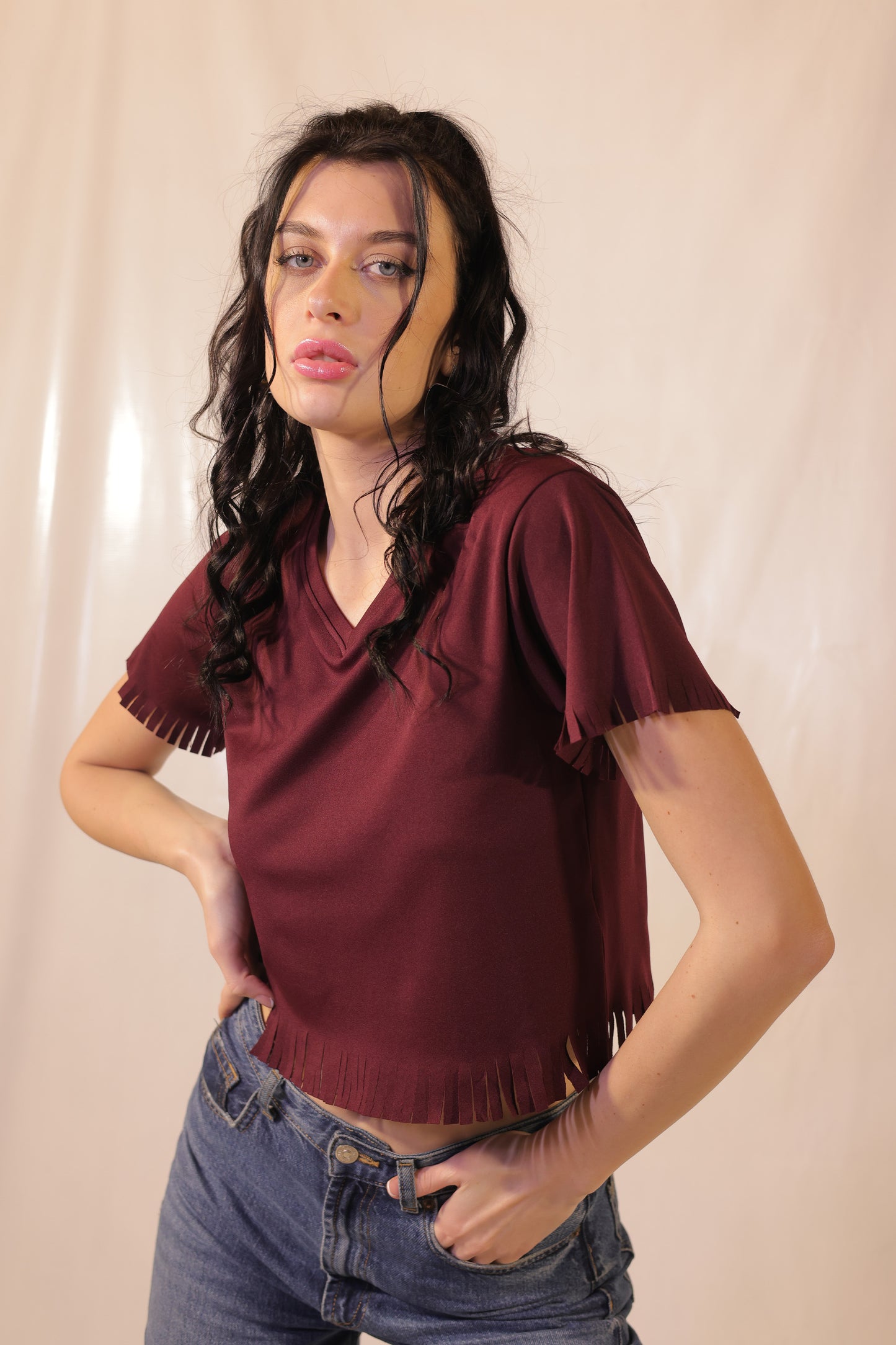 Auburn Lycra Crop Top With Tassels