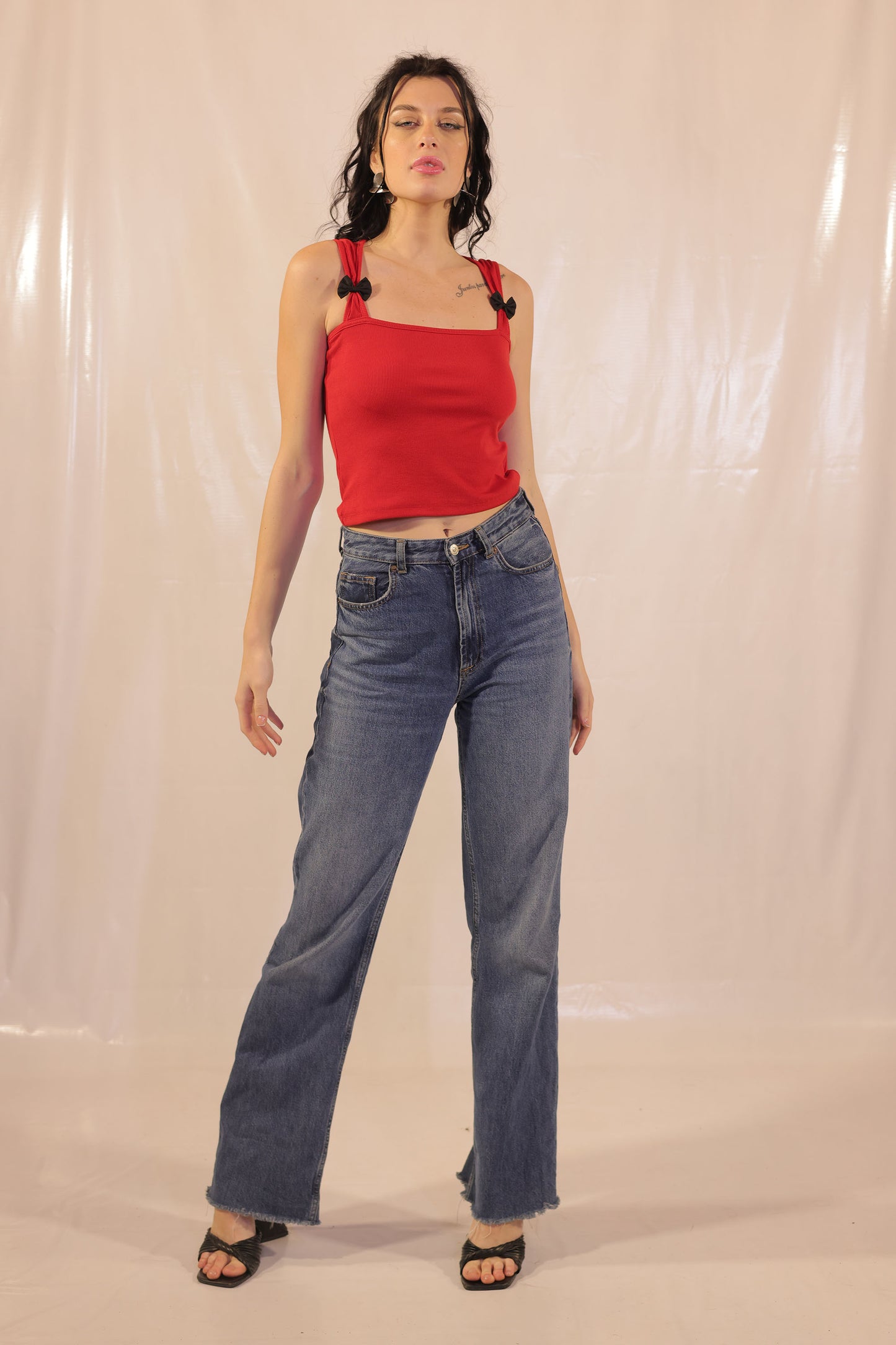 Candy Red Rib Knit Cami Top With Black Bow