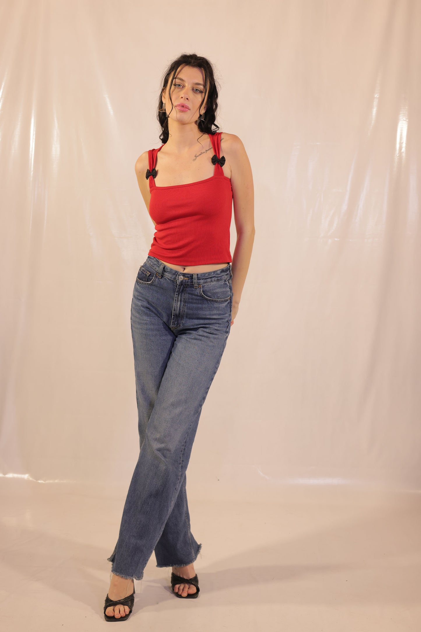 Candy Red Rib Knit Cami Top With Black Bow
