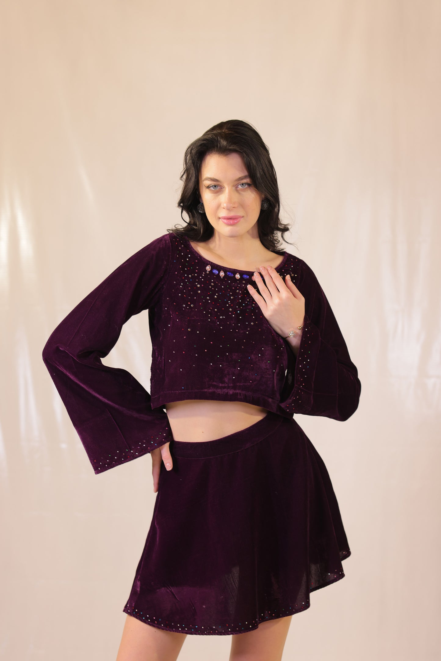 Witchy Violet Velvet Crop Top With Rhinestone Embellishments