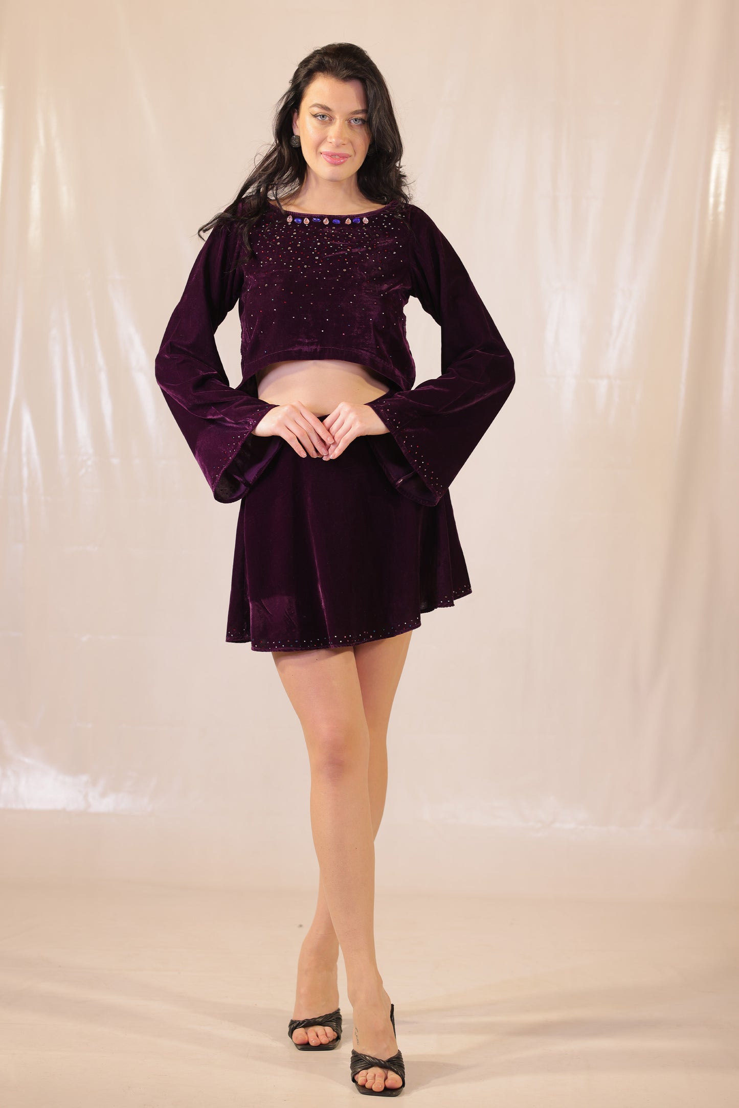 Witchy Violet Velvet Crop Top With Rhinestone Embellishments