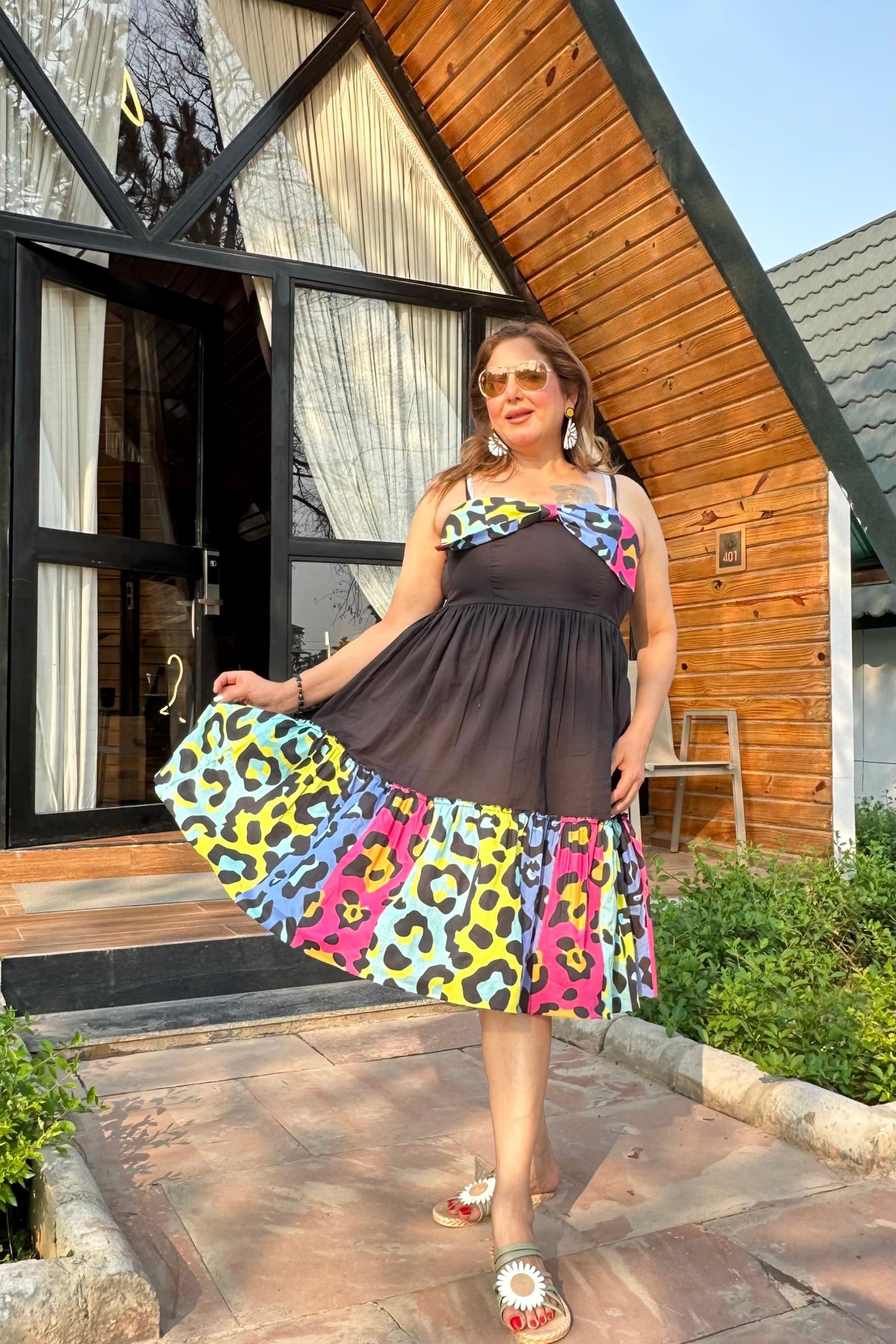 Leopard Bow Charm A-line Sleeveless Tier Dress