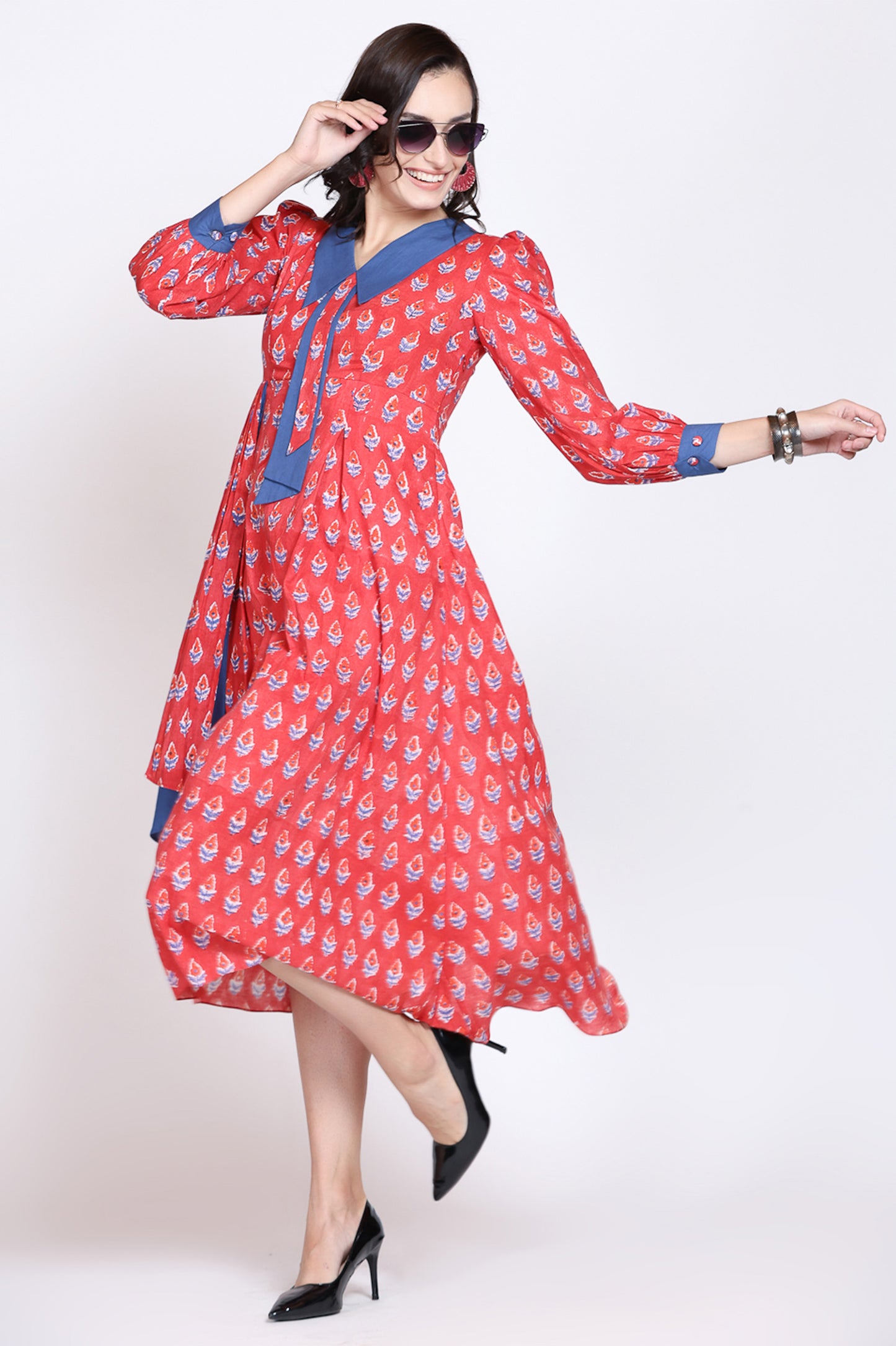 Handblock Printed Bow Neck Dress