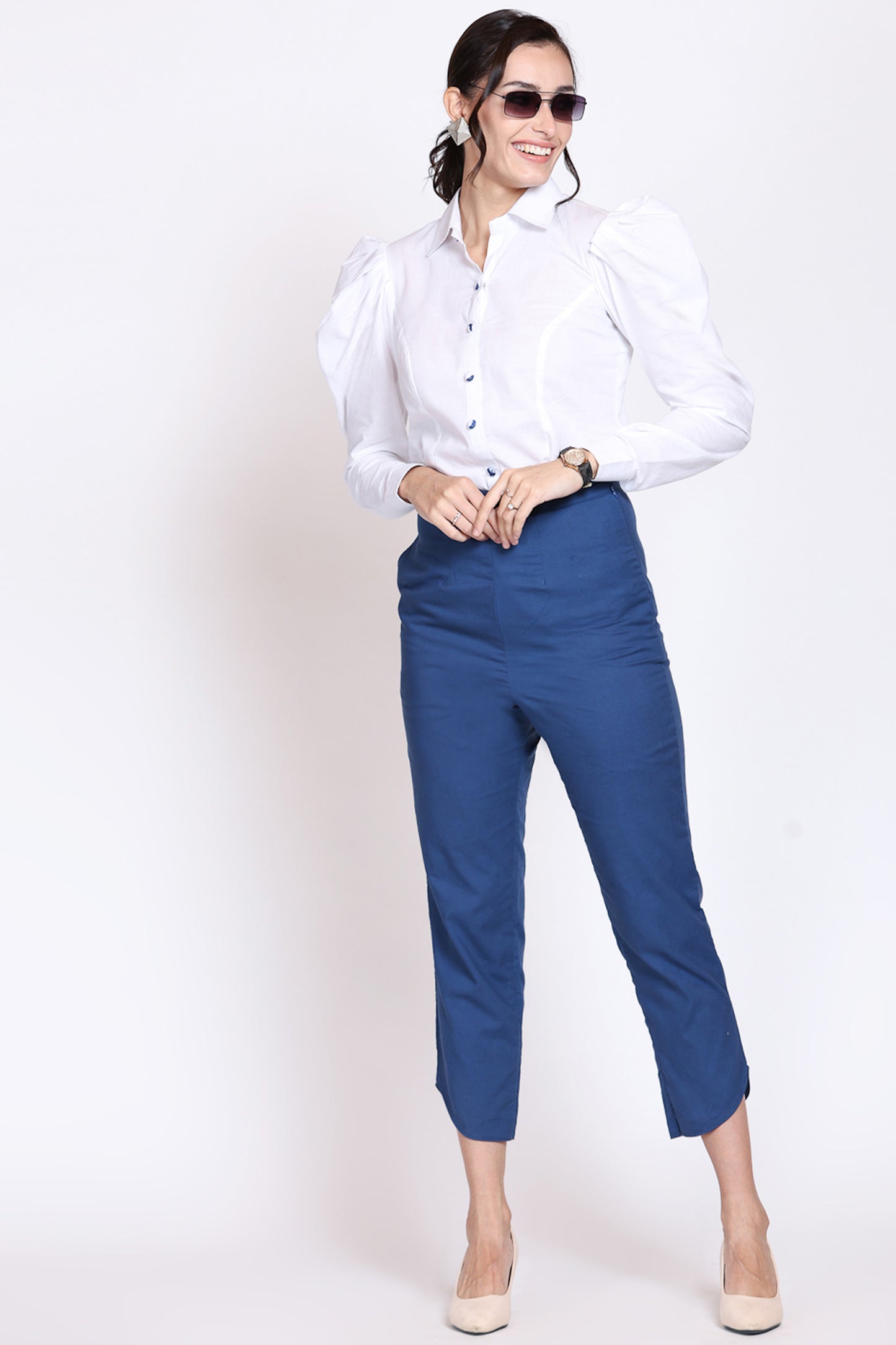 White Puff Sleeves Shirt With Indigo Pant