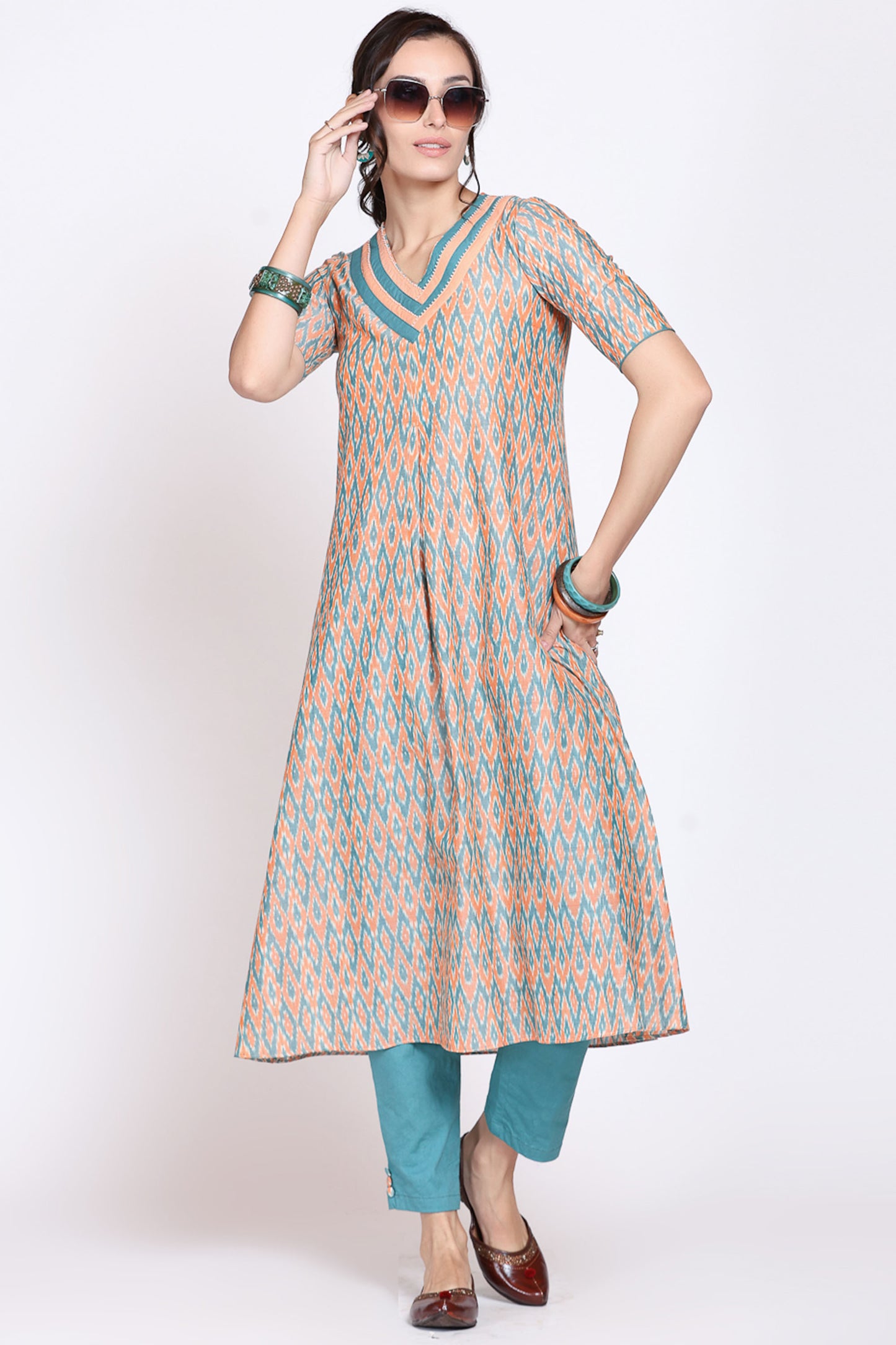 Coral And Jade Ikat Kurta Set