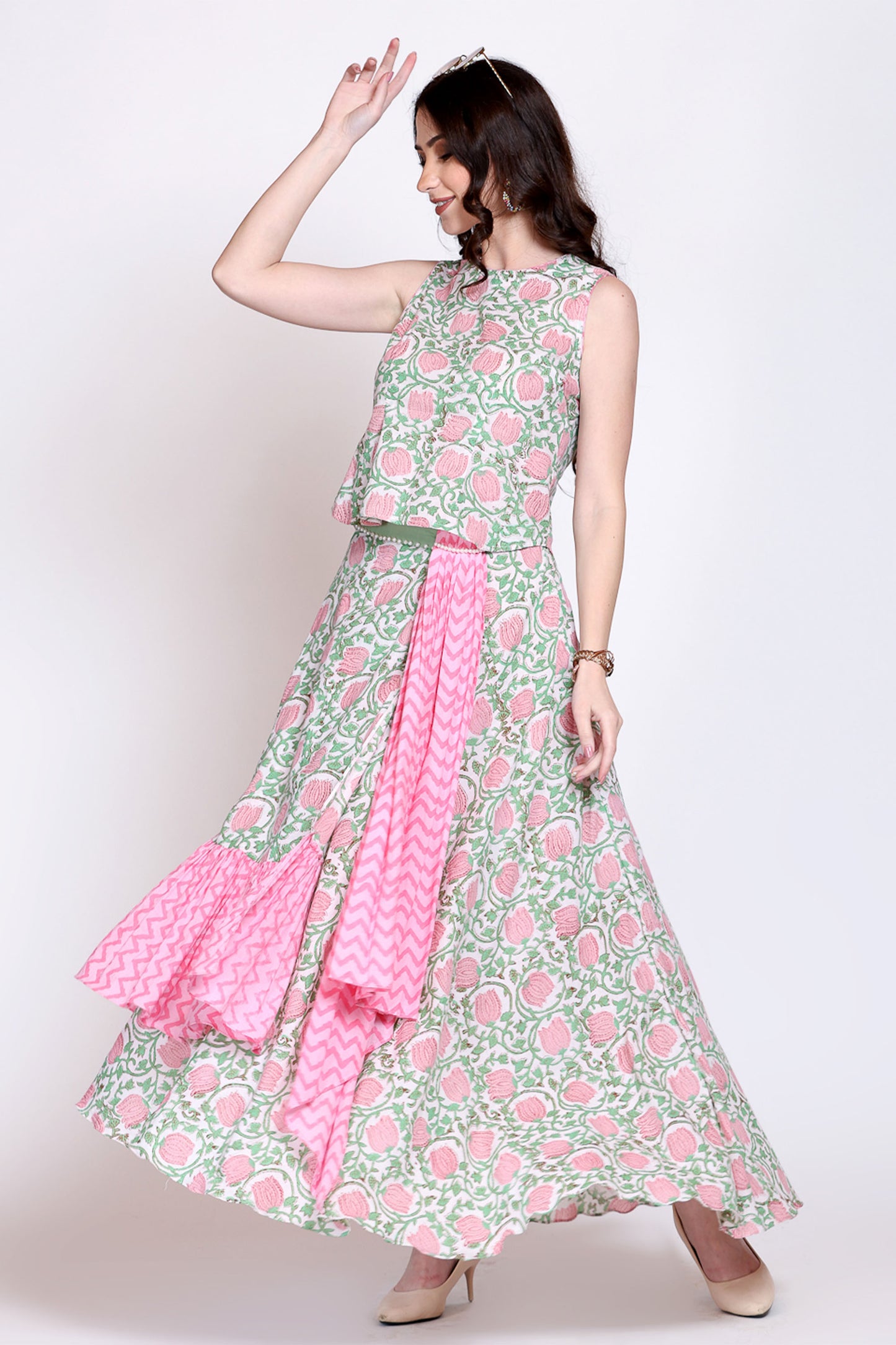 Flamingo Pink Sanganeri Layered Co-ord Skirt Set