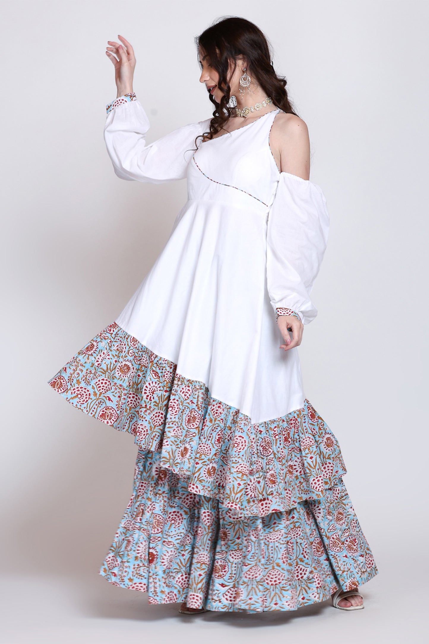Sanganeri Assymetrical Flared White Dress With Skirt