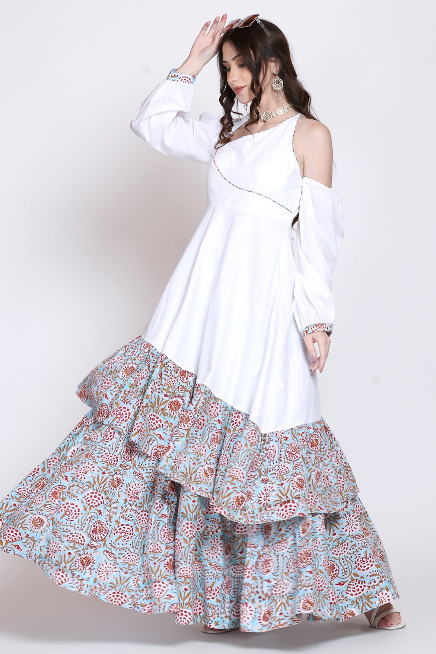 Sanganeri Assymetrical Flared White Dress With Skirt
