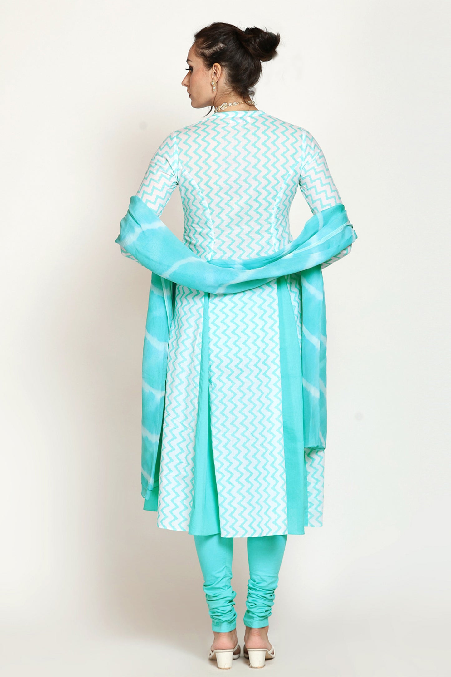 Light Blue Matka Neck Anarkali Suit Set With Leheriya Duppatta