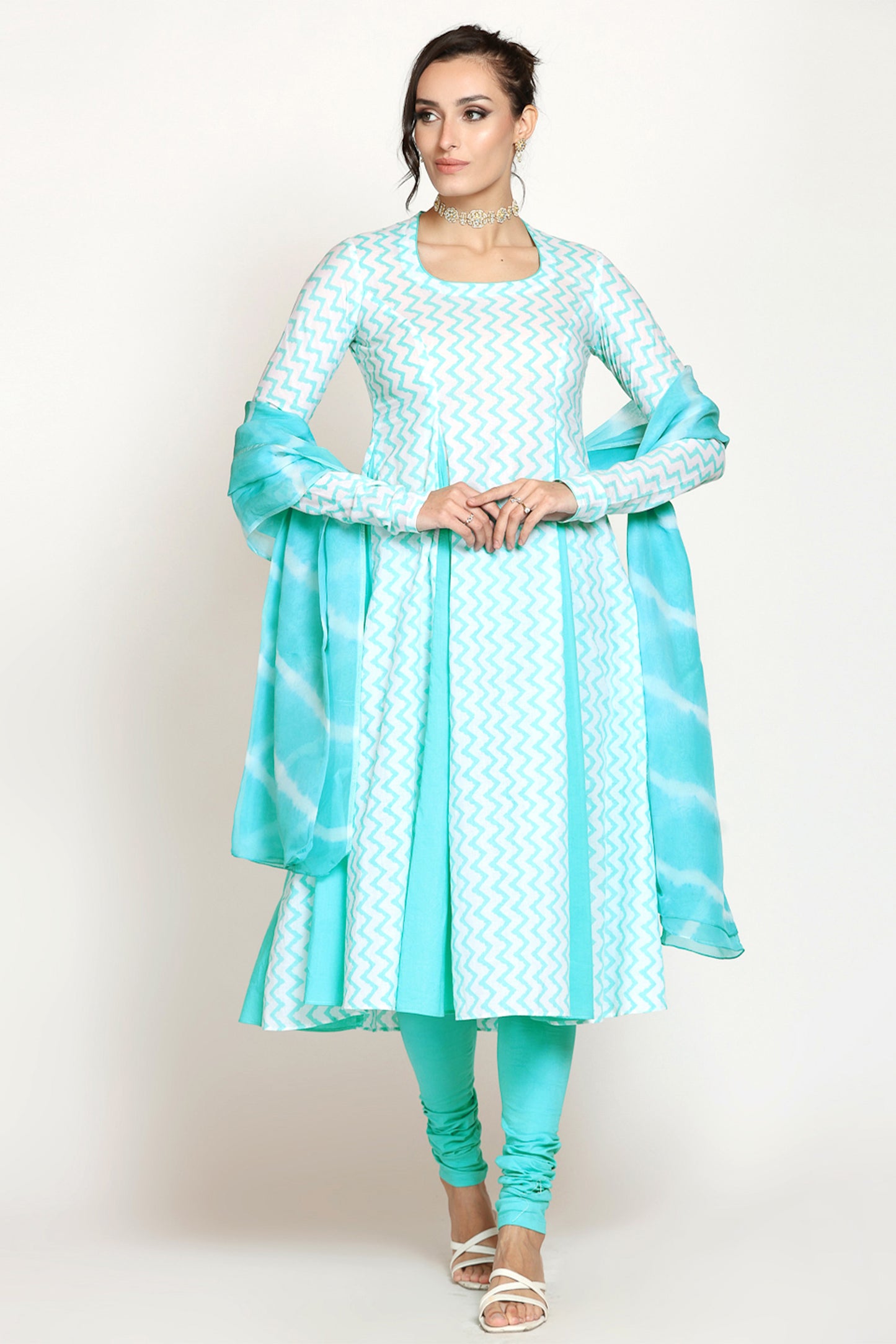 Light Blue Matka Neck Anarkali Suit Set With Leheriya Duppatta