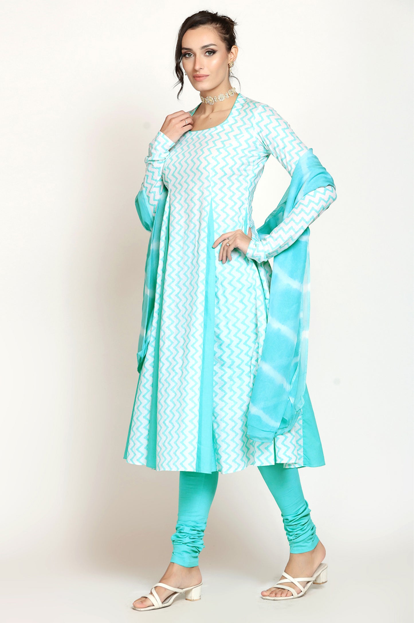 Light Blue Matka Neck Anarkali Suit Set With Leheriya Duppatta