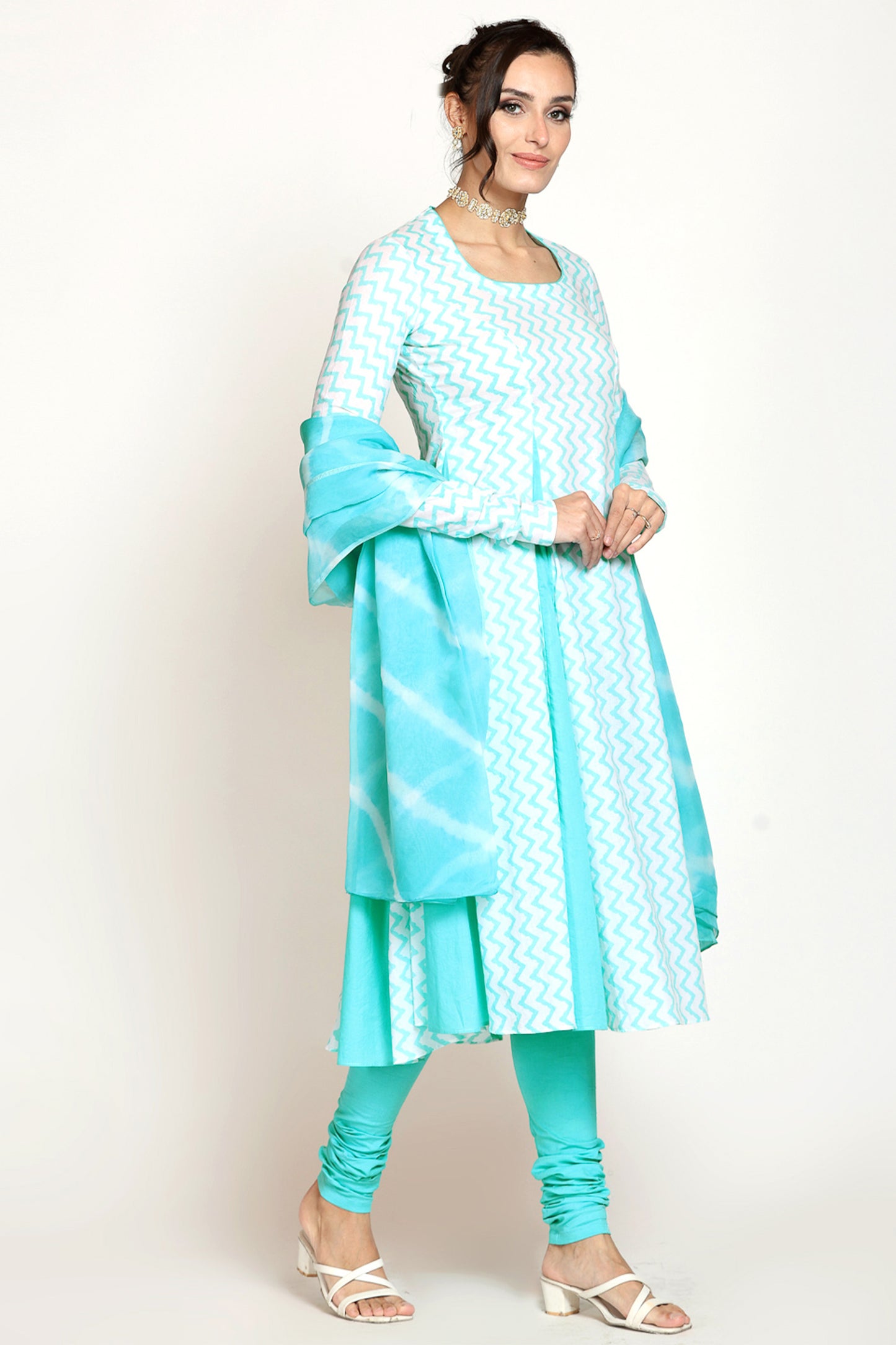 Light Blue Matka Neck Anarkali Suit Set With Leheriya Duppatta