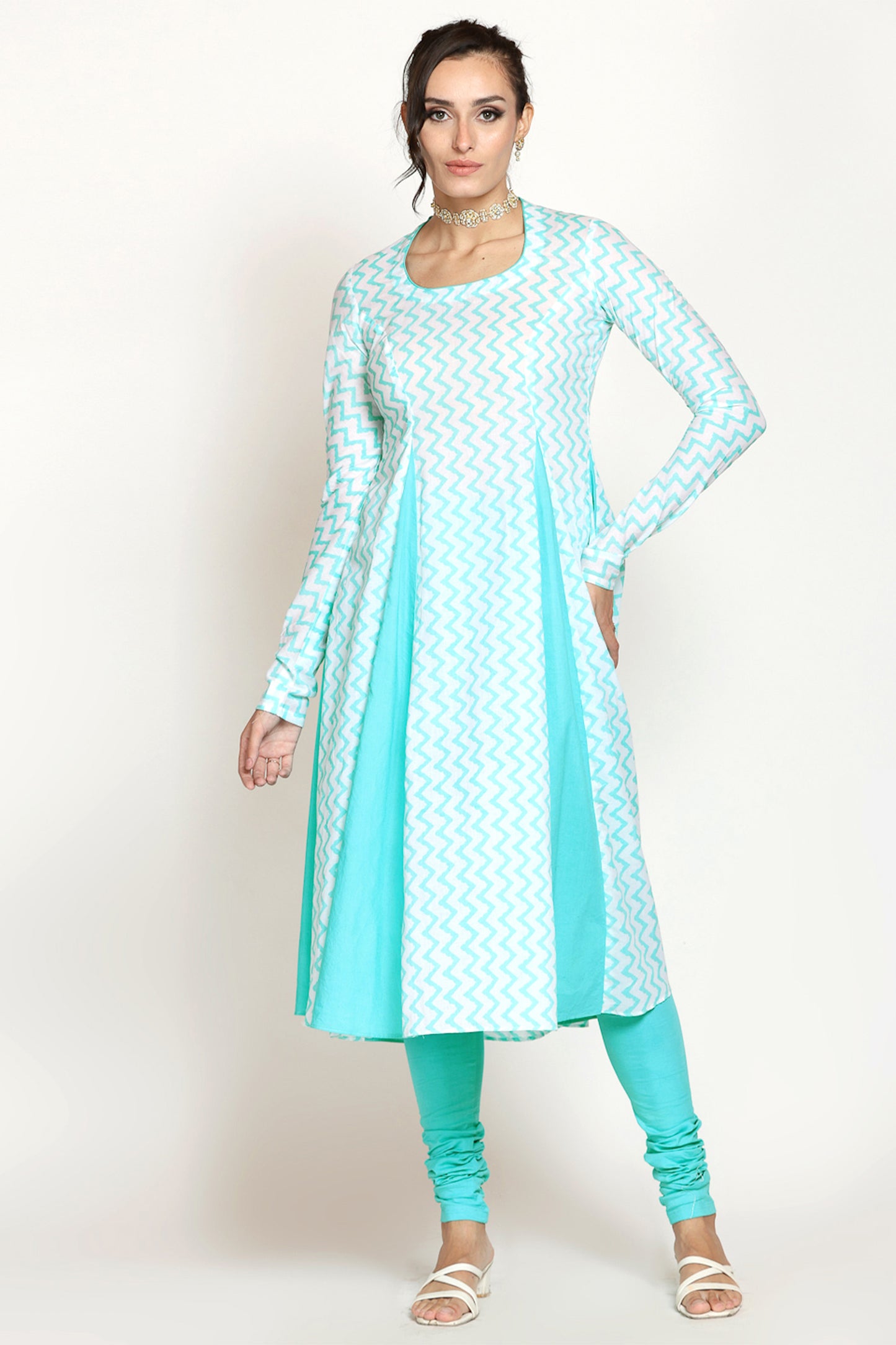 Light Blue Matka Neck Anarkali Suit Set With Leheriya Duppatta