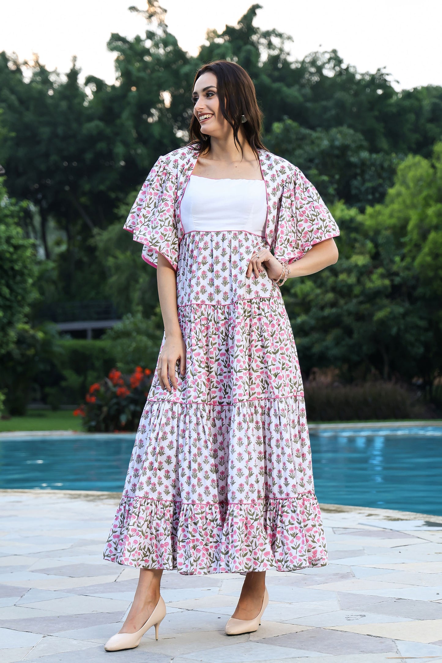 Sanganeri Floral Tiered Maxi Dress With Shrug