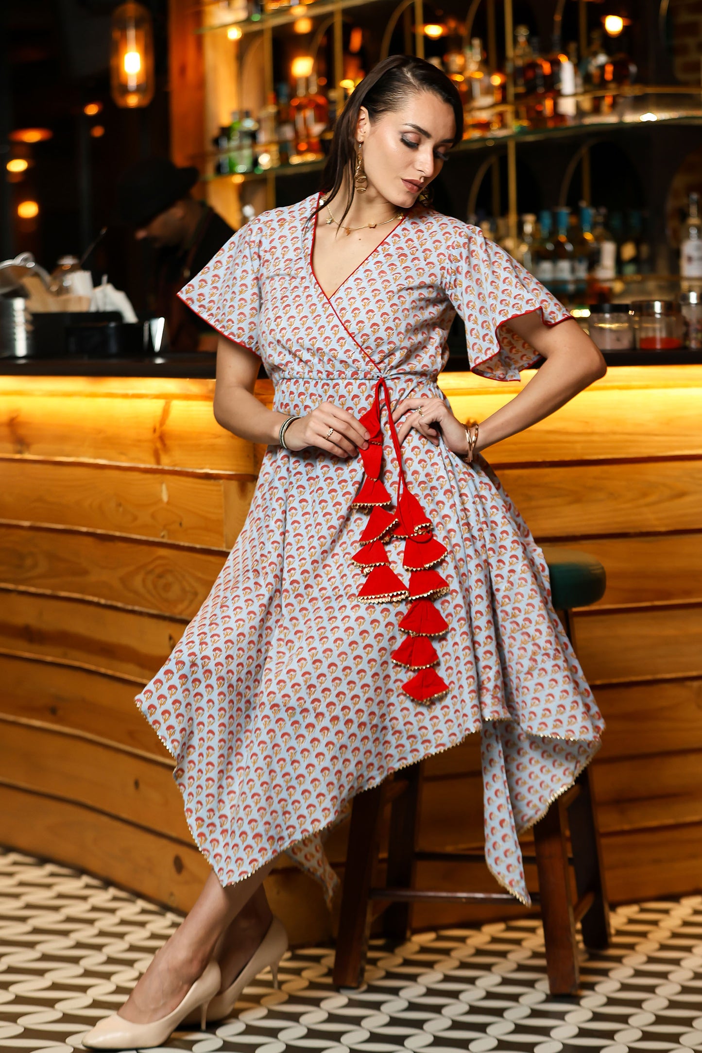 Sanganeri Handkerchief Dress With Tassels