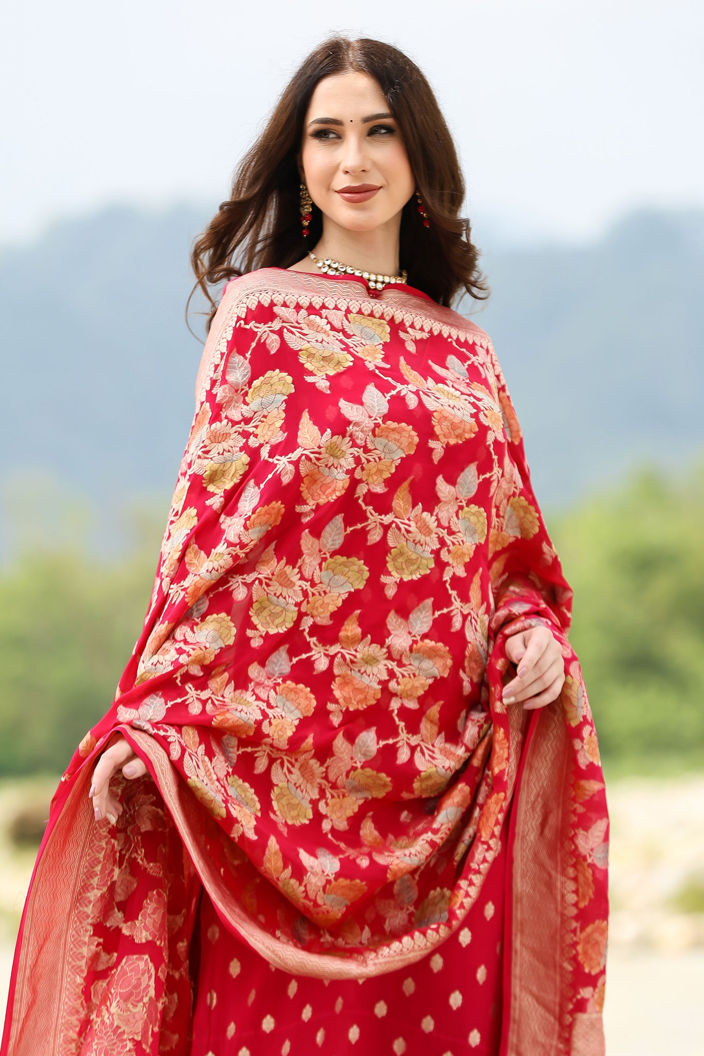 Banarasi Pink Handloom Georgette Suit Set With Duppatta