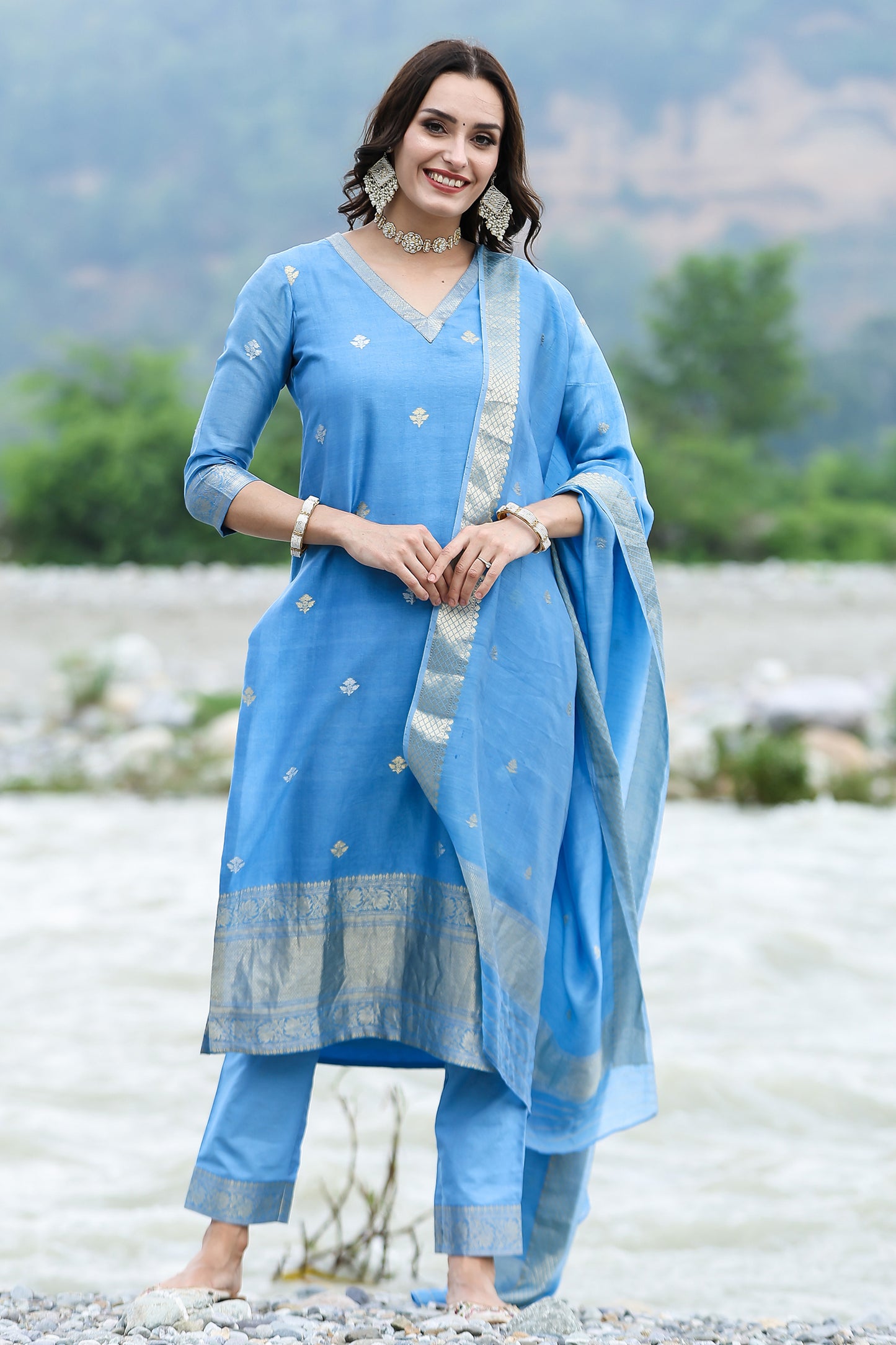 Banarasi Cupro Yarn Royal Blue Suit Set