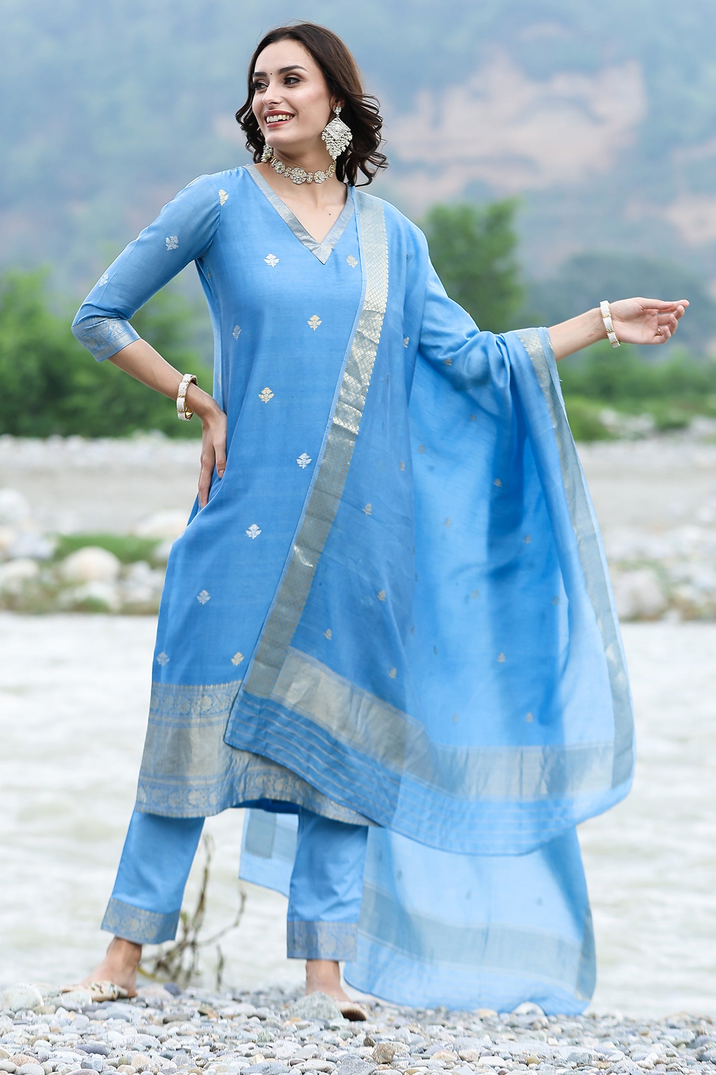 Banarasi Cupro Yarn Royal Blue Suit Set