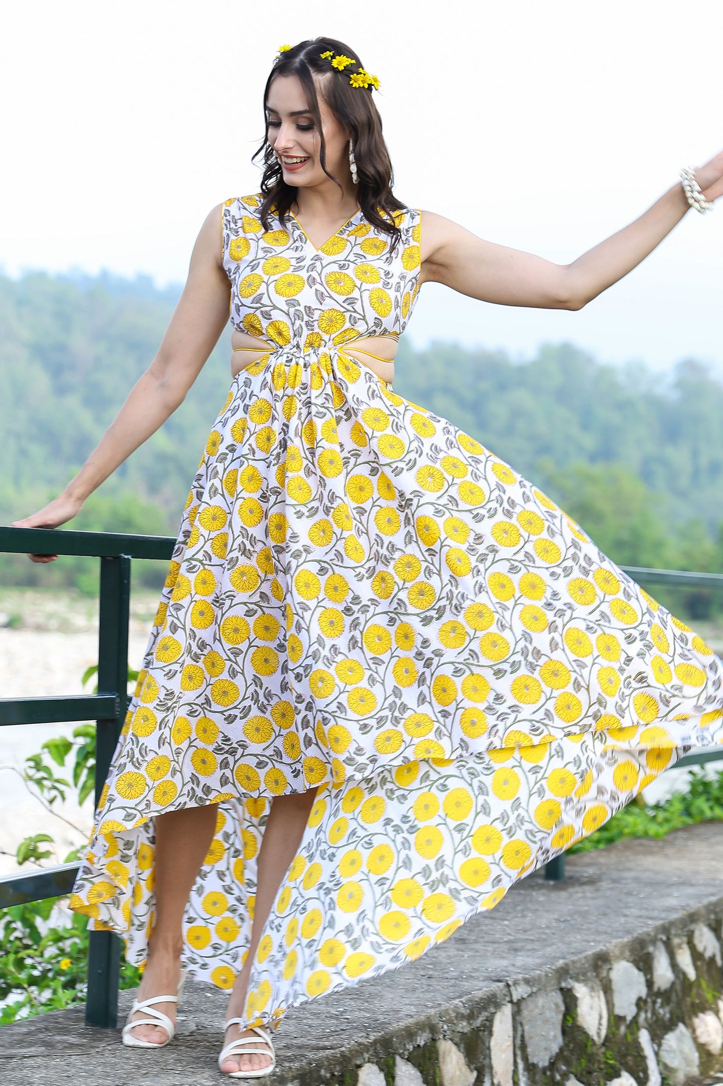Canary Yellow Handblock Cut Out Dress With Tassels