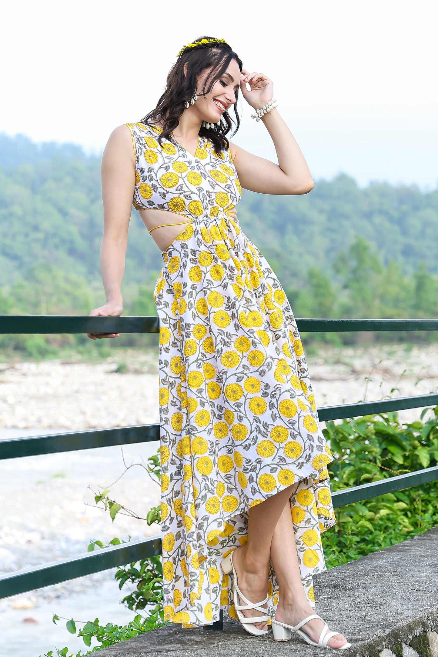 Canary Yellow Handblock Cut Out Dress With Tassels