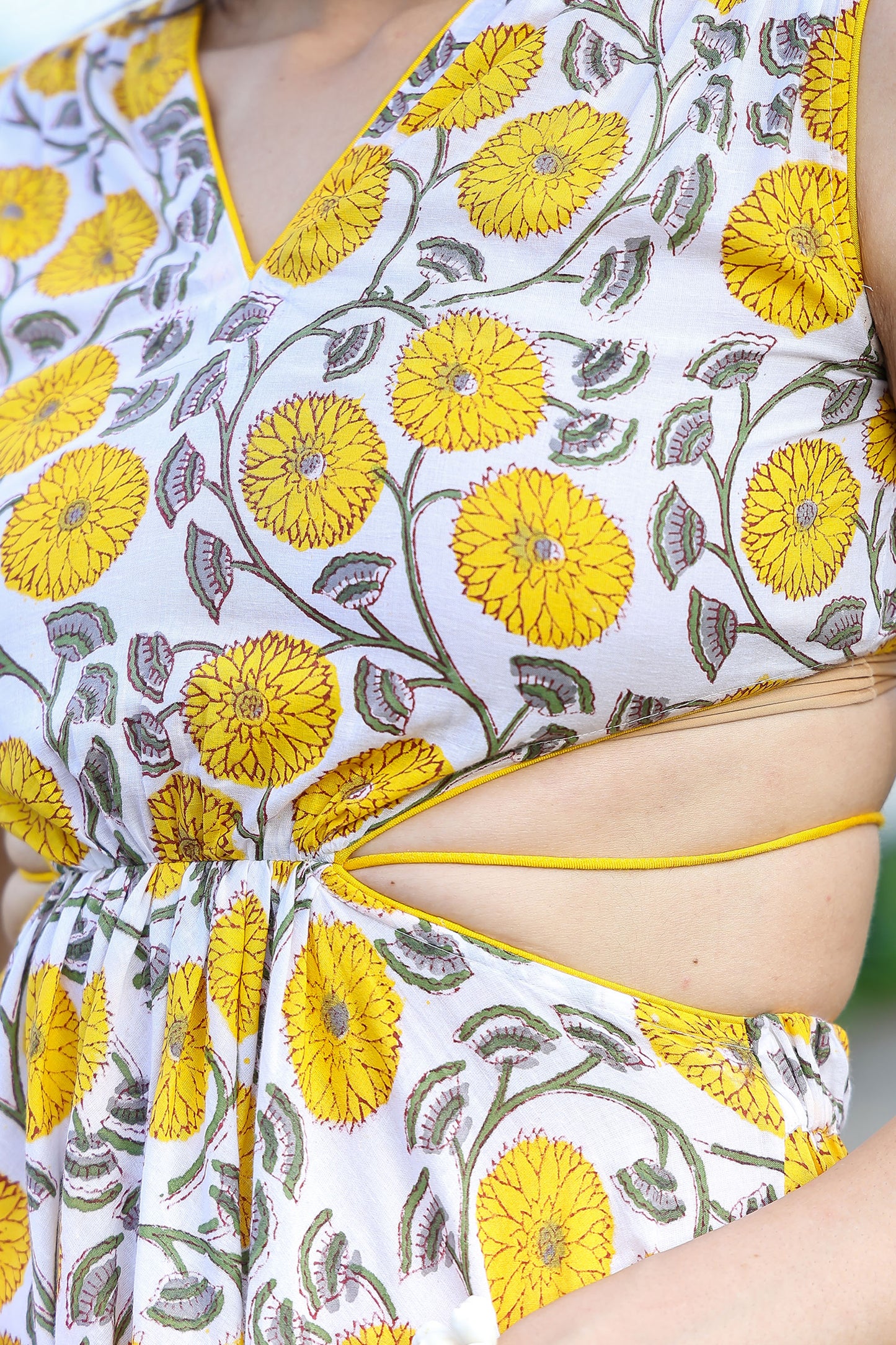 Canary Yellow Handblock Cut Out Dress With Tassels
