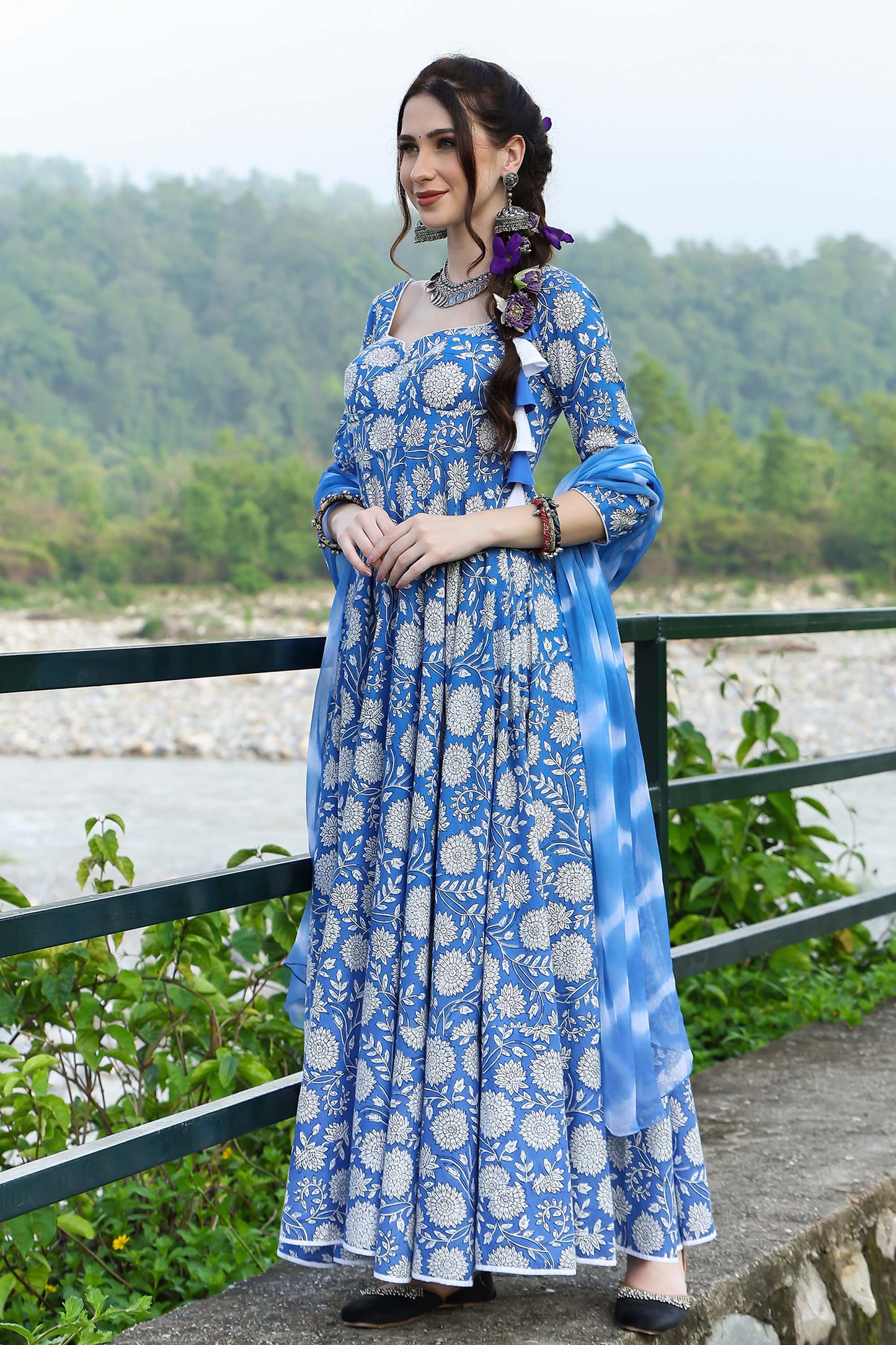 Sanganeri Kalidaar Handblock Dress With Leheriya Duppatta