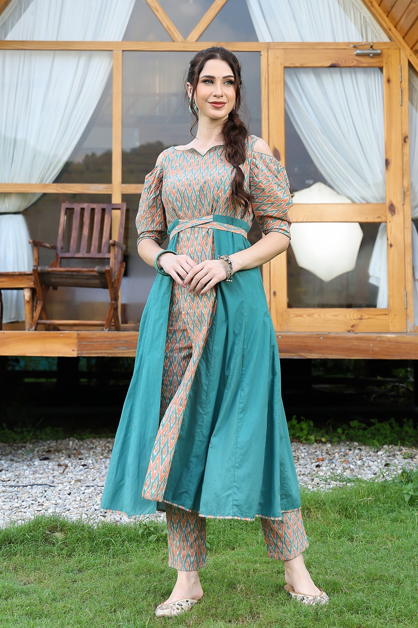 Coral And Jade Ikat Slit Kurta Set