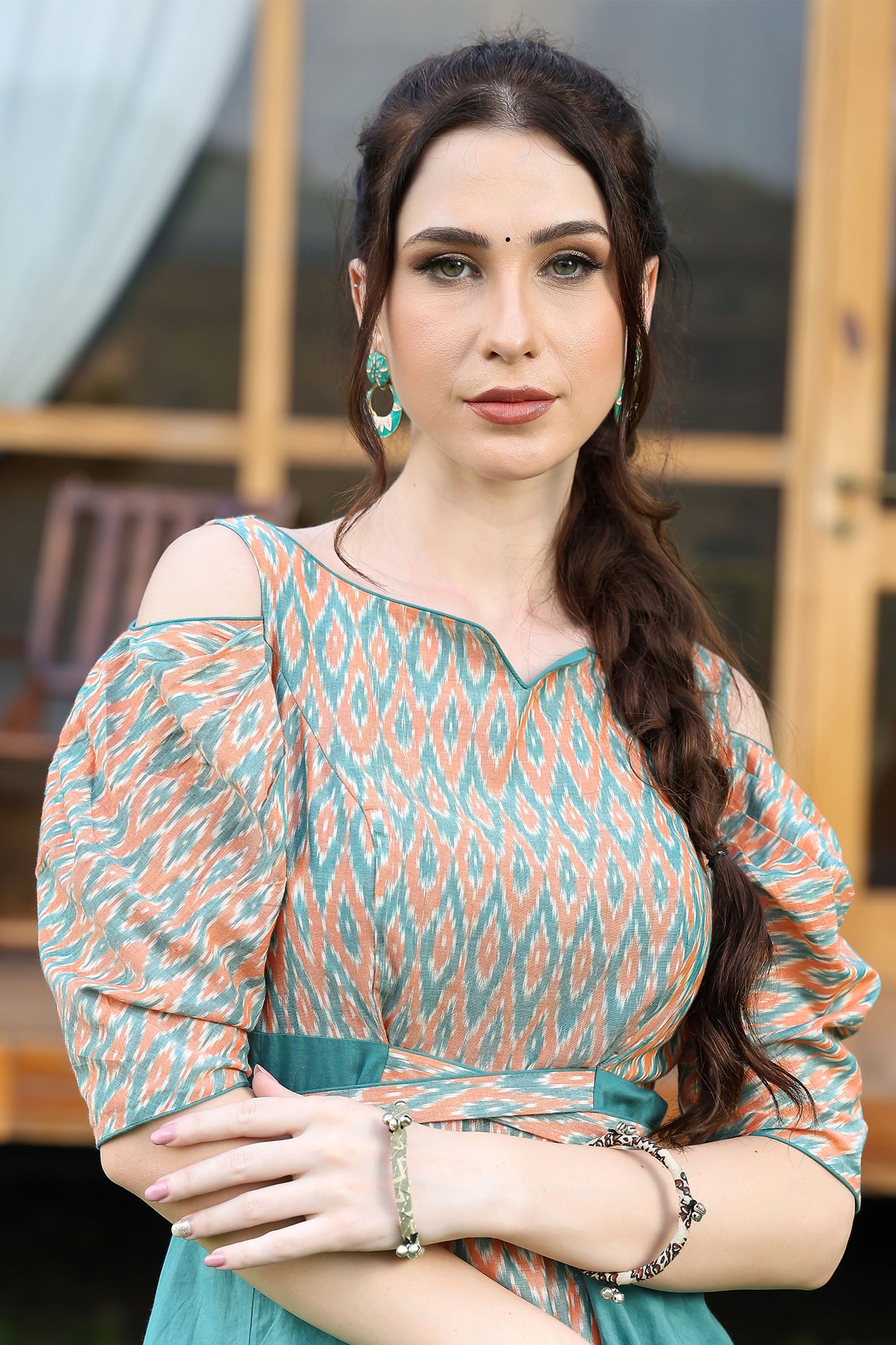 Coral And Jade Ikat Slit Kurta Set