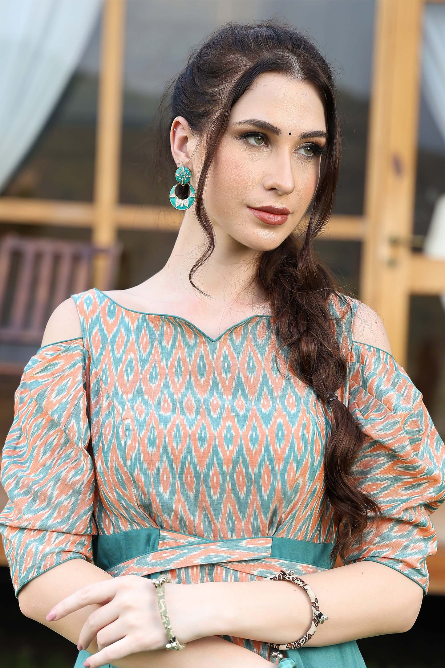 Coral And Jade Ikat Slit Kurta Set