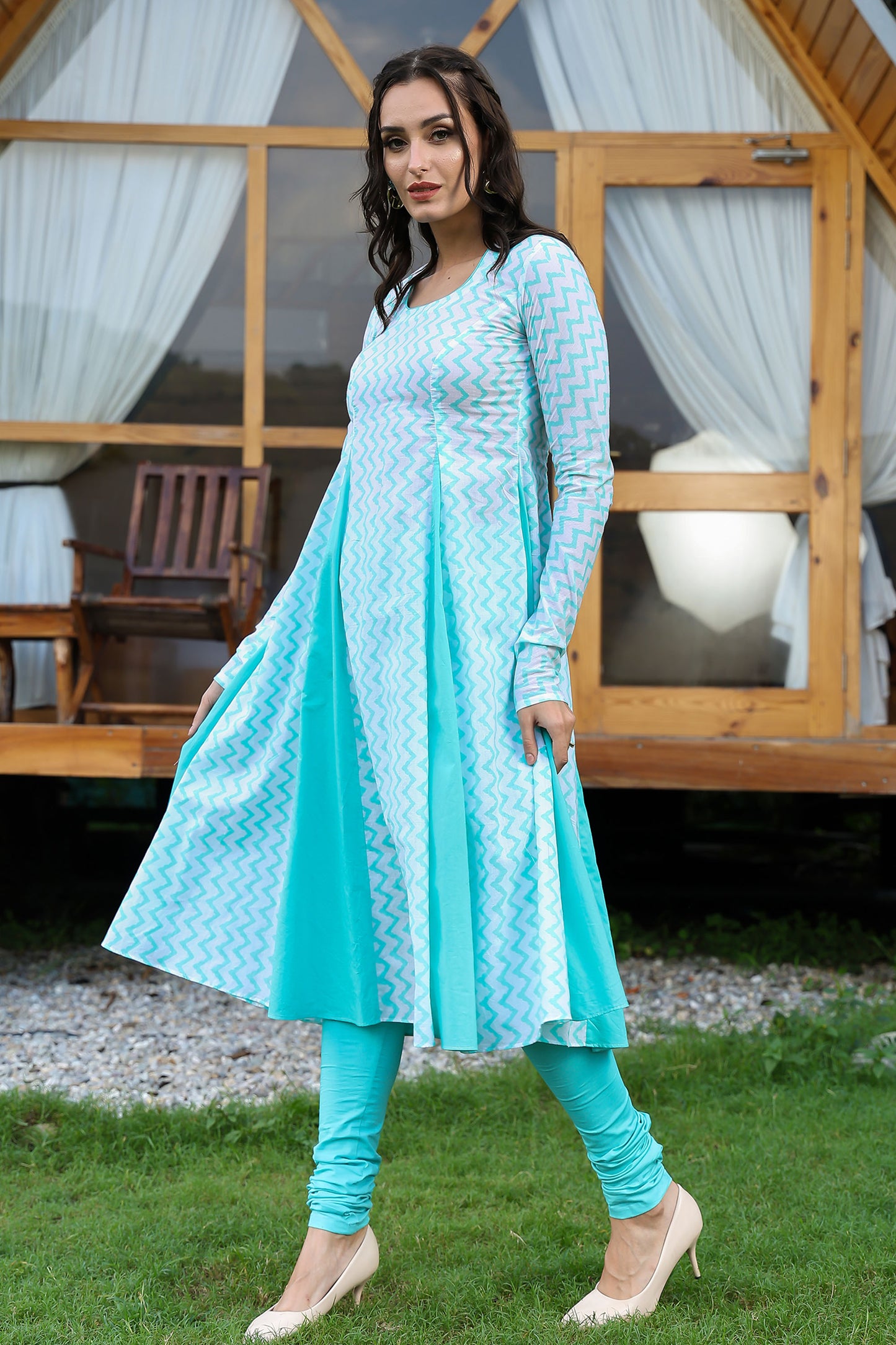 Sea Green Matka Neck Anarkali Suit Set With Leheriya Duppatta