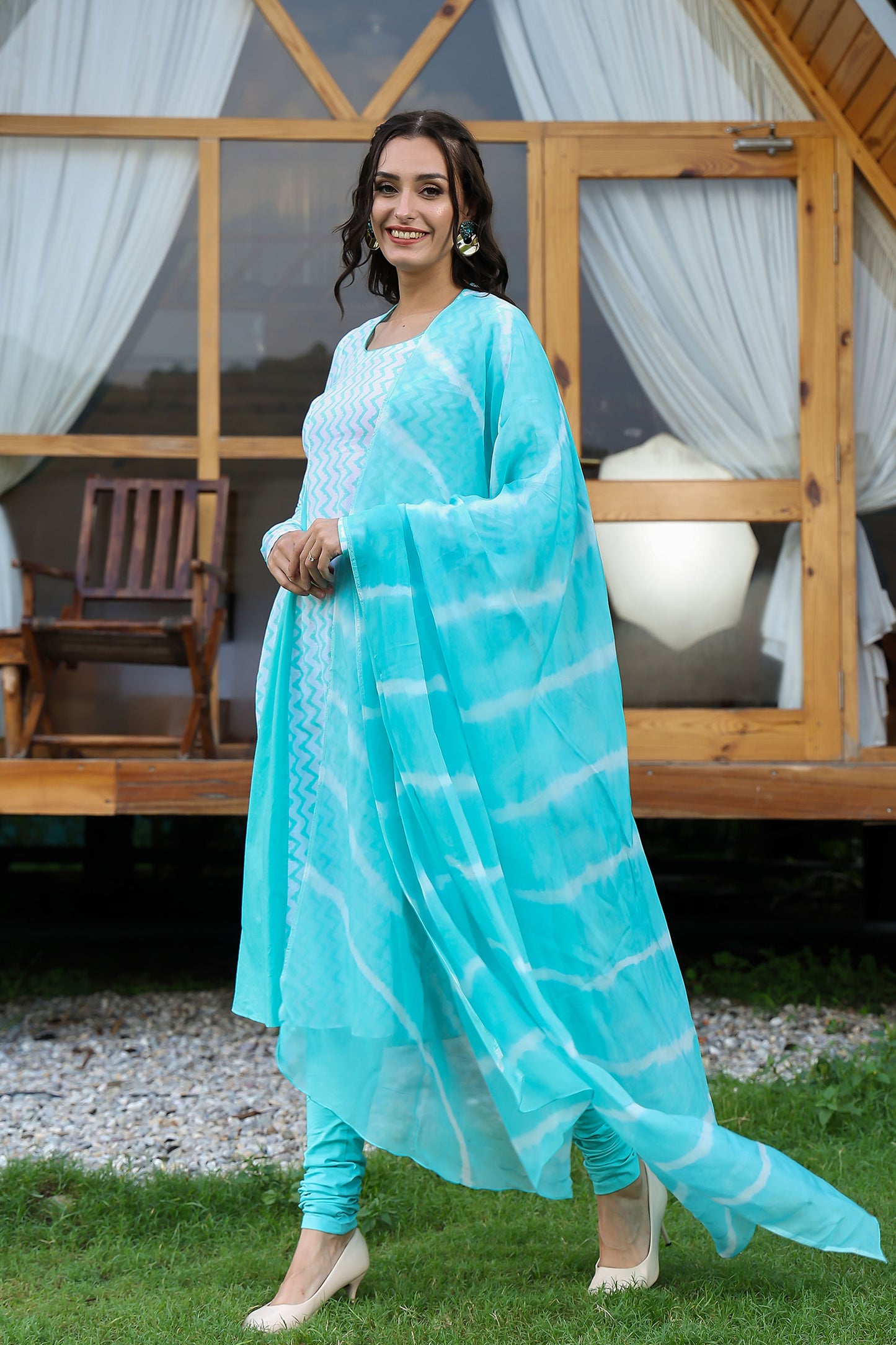 Sea Green Matka Neck Anarkali Suit Set With Leheriya Duppatta