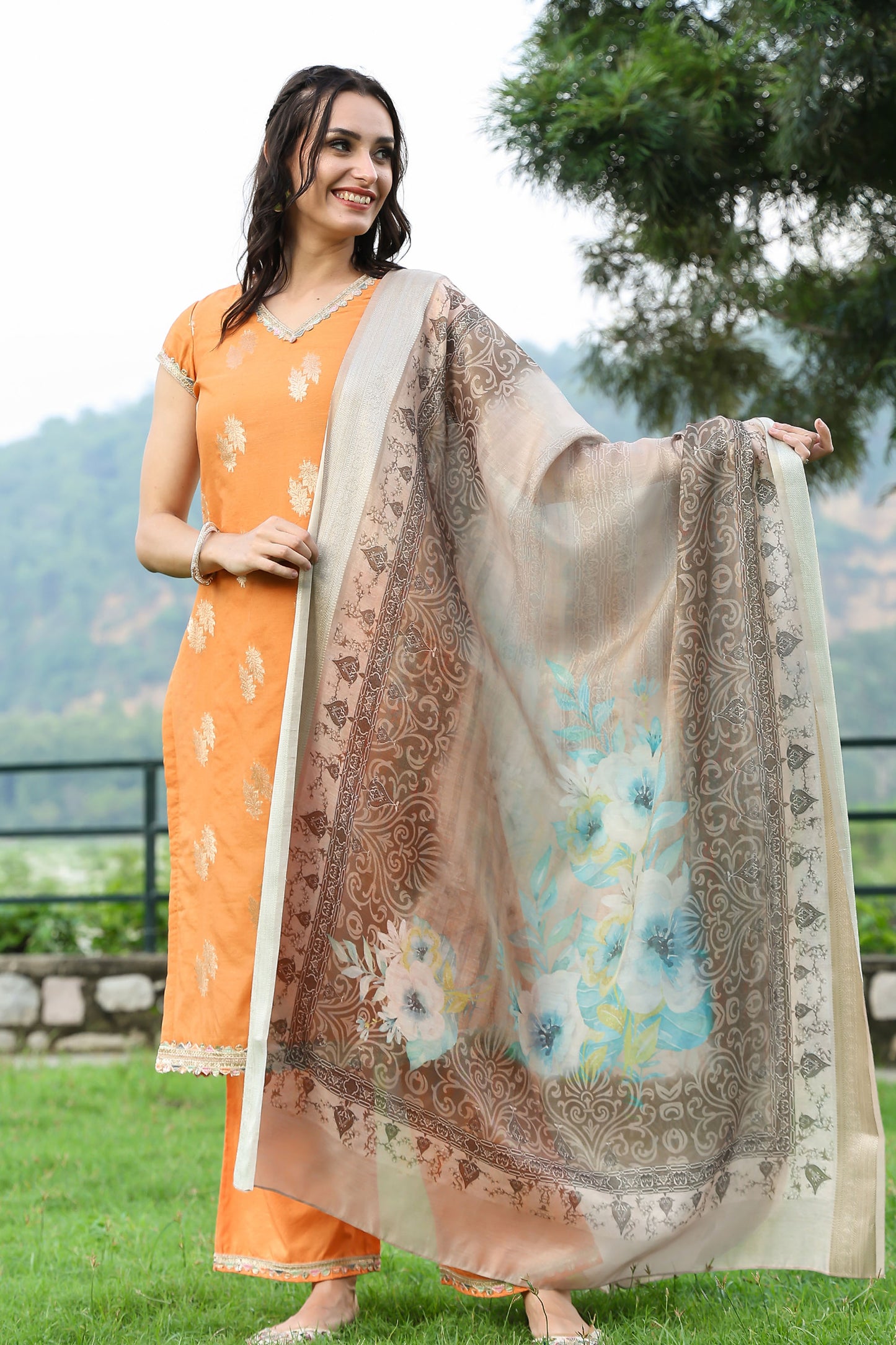 Orange Banarasi Chanderi Suit Set
