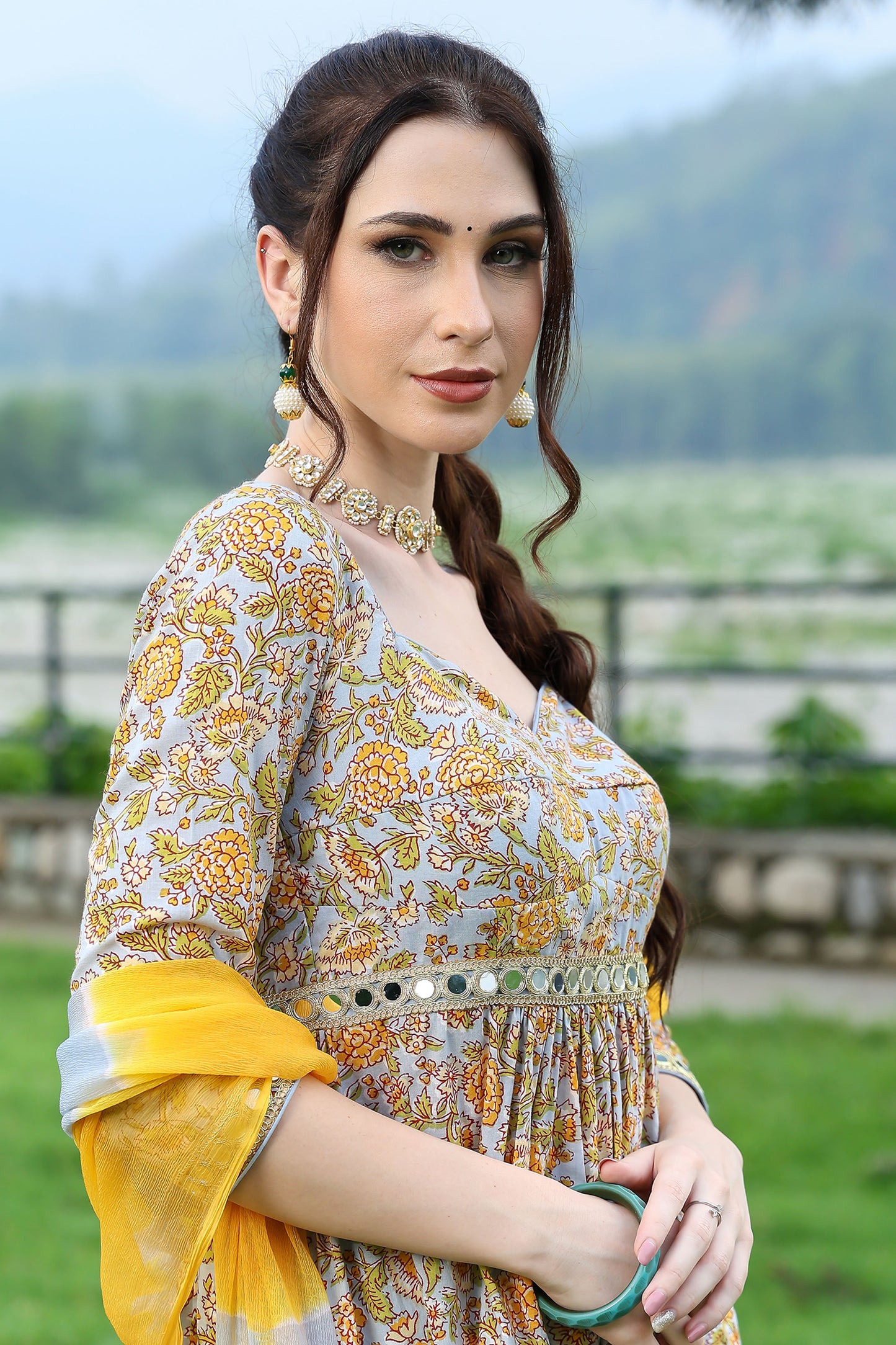 Powder Blue Handblock Mirror Embellished Anarkali Suit Set