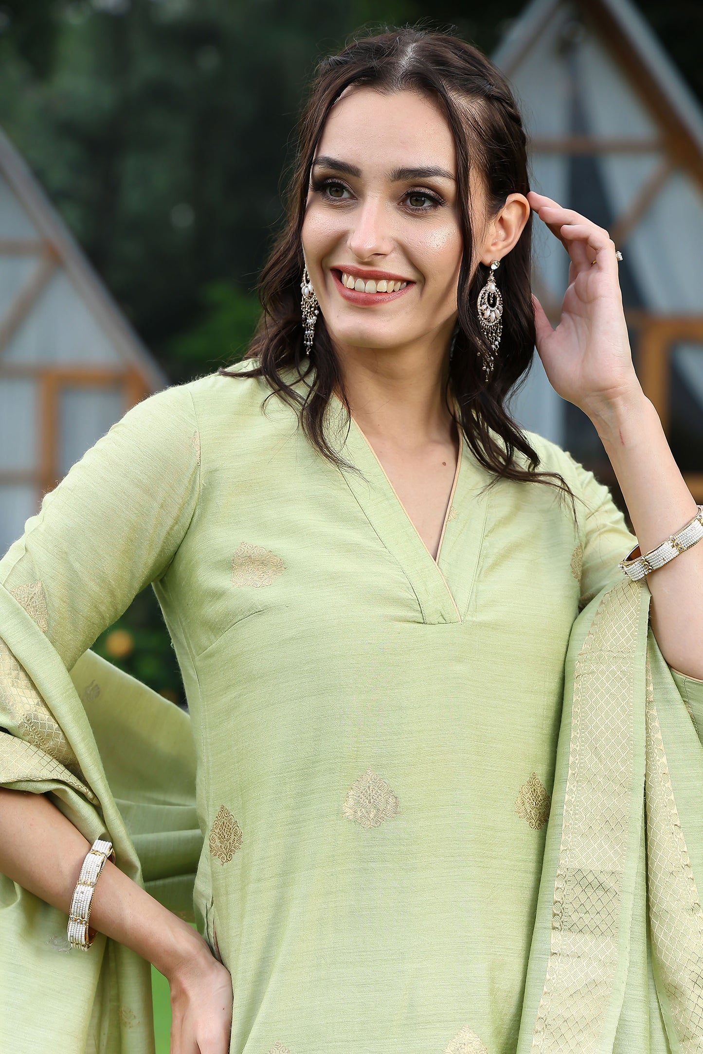 Pista Green Banarasi Handloom Munga Silk Suit Set