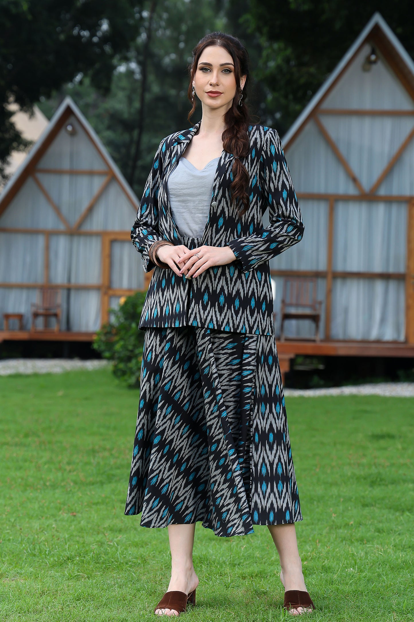 Black Ikat Skirt Set With Jacket
