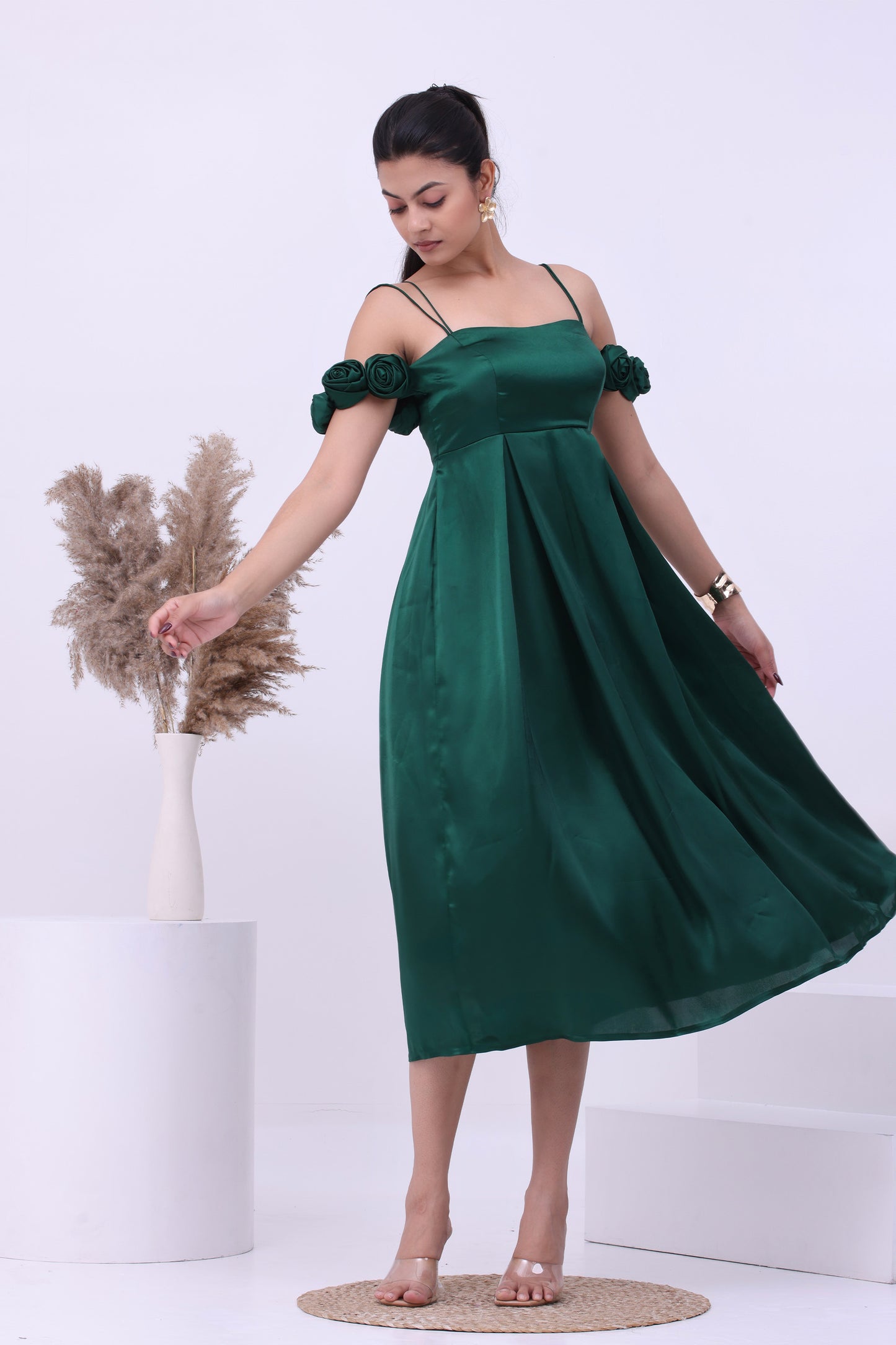 Emerald Green Satin A Line Midi Dress