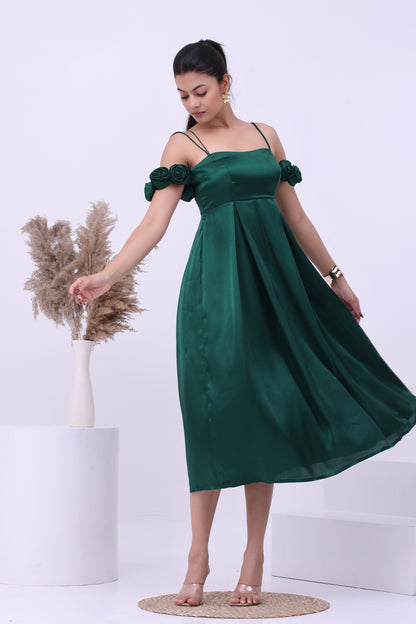 Emerald Green Satin A Line Midi Dress