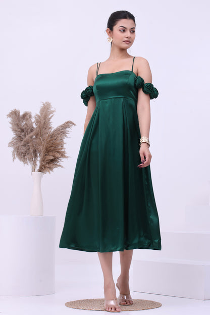 Emerald Green Satin A Line Midi Dress