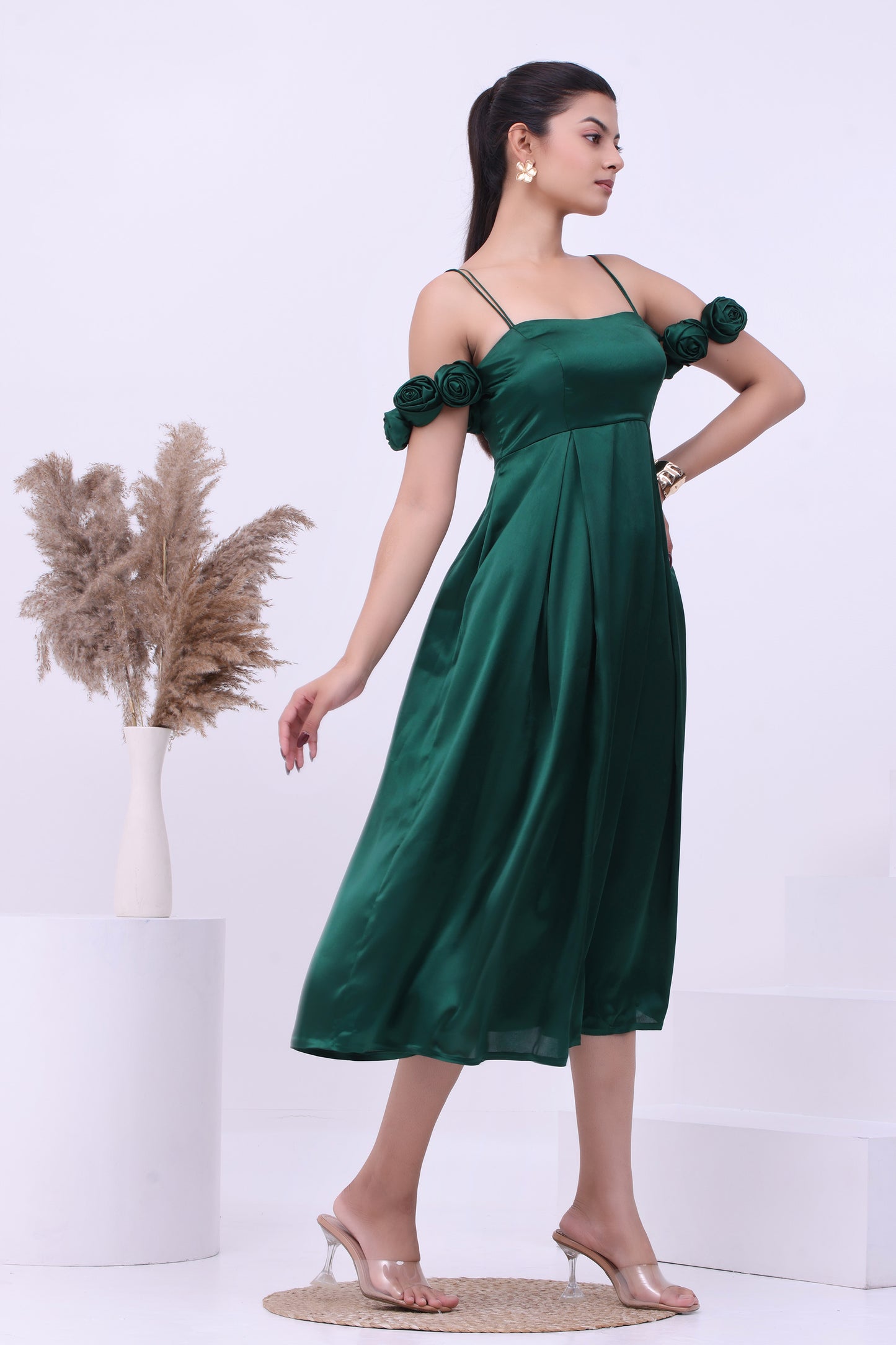 Emerald Green Satin A Line Midi Dress