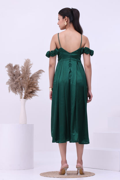 Emerald Green Satin A Line Midi Dress