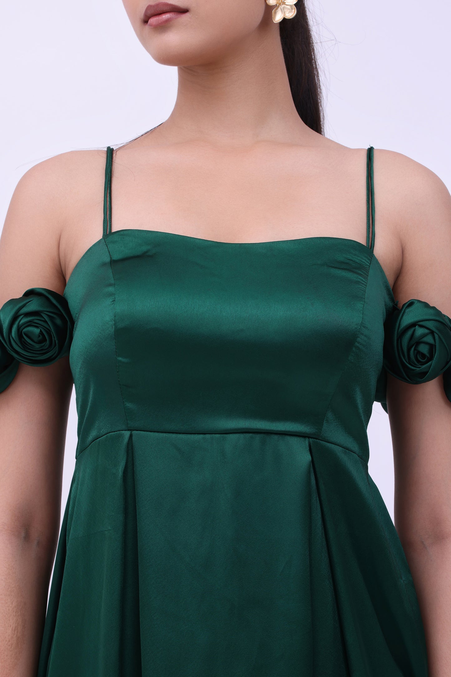 Emerald Green Satin A Line Midi Dress
