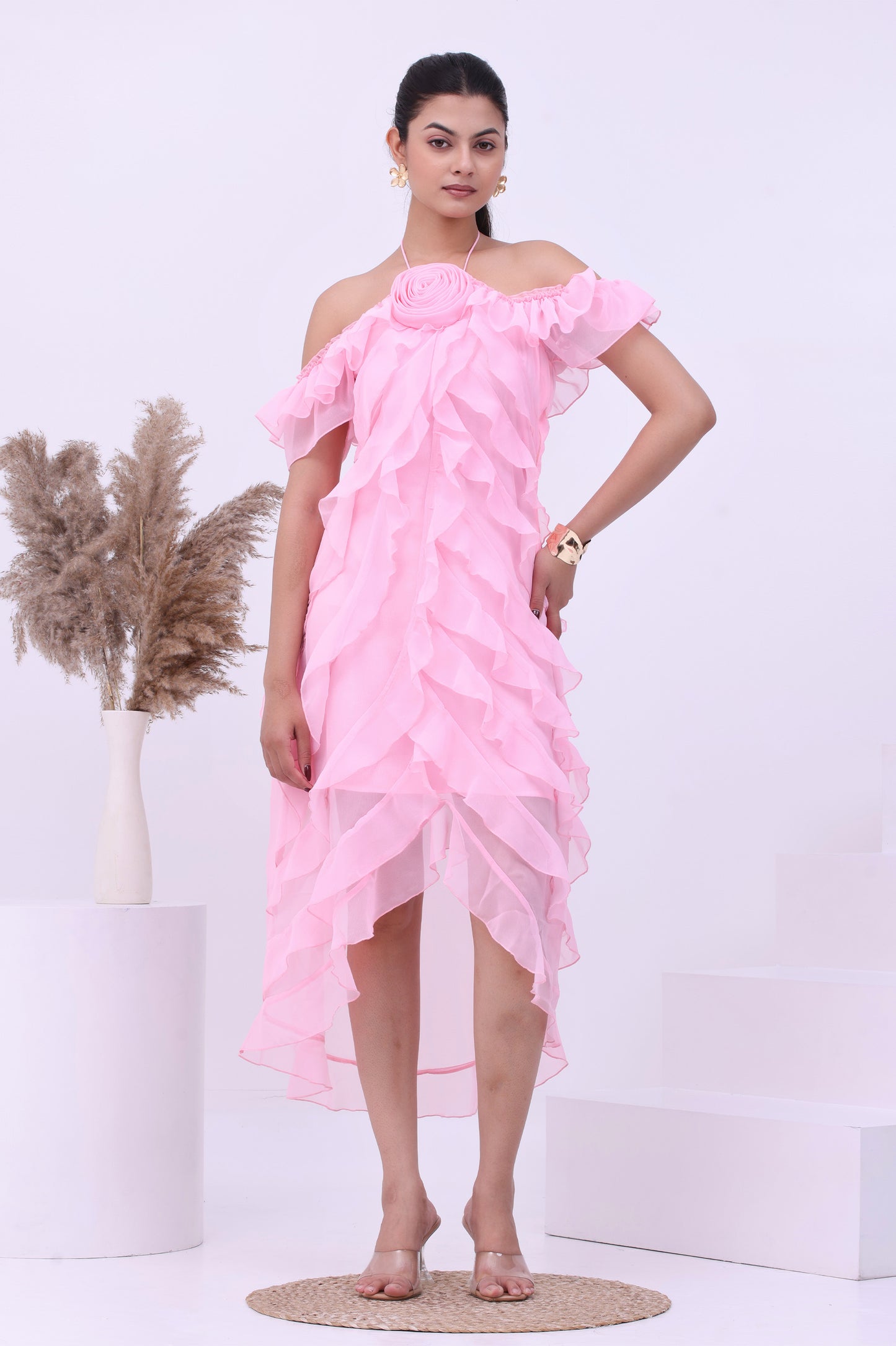 Blush Pink Off-Shoulder Ruffle Dress