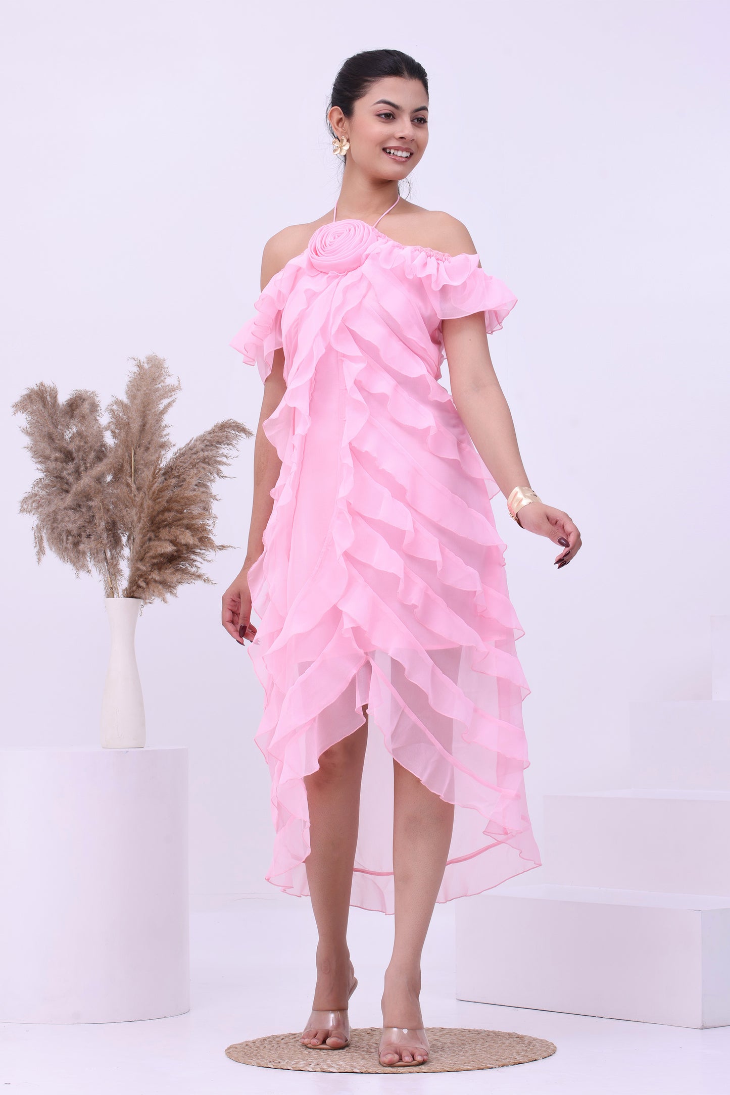 Blush Pink Off-Shoulder Ruffle Dress
