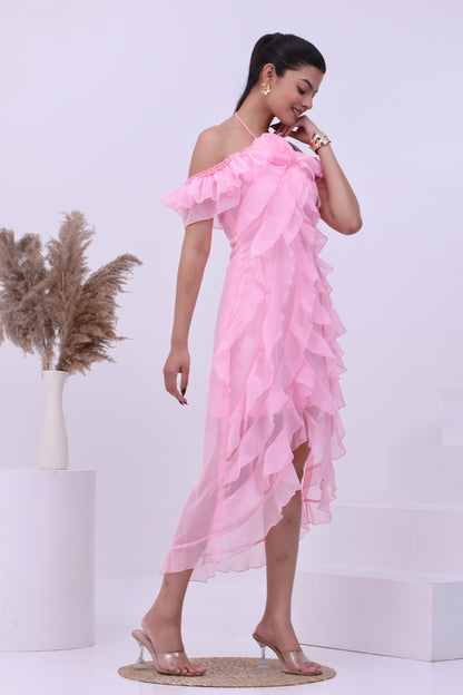 Blush Pink Off-Shoulder Ruffle Dress