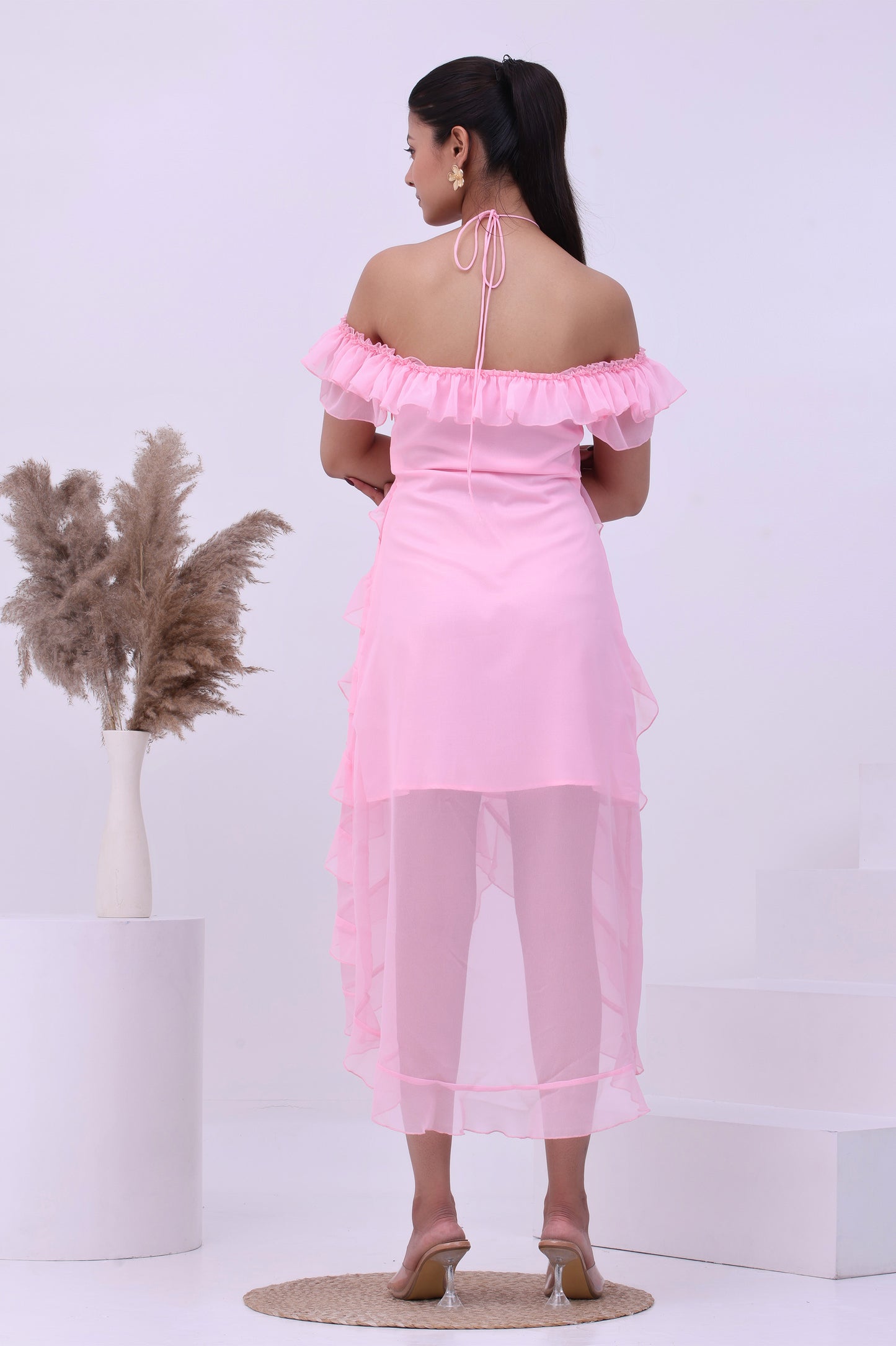 Blush Pink Off-Shoulder Ruffle Dress